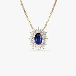 14k Oval Shape Sapphire Necklace with Ballerina Baguettes