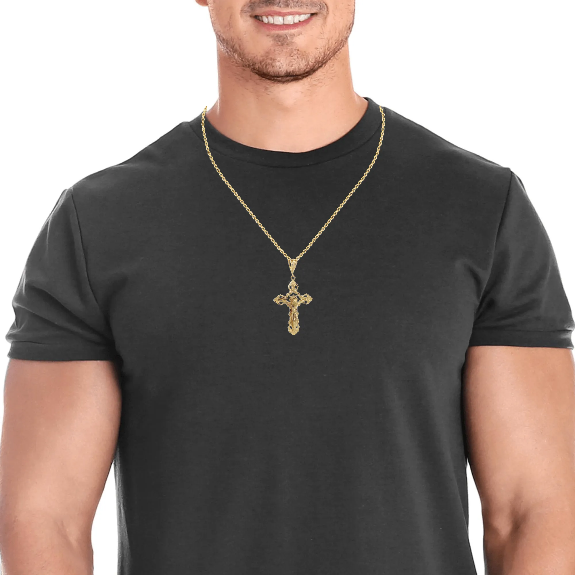 14k Yellow Gold Diamond Cut Cross Pendant Necklace