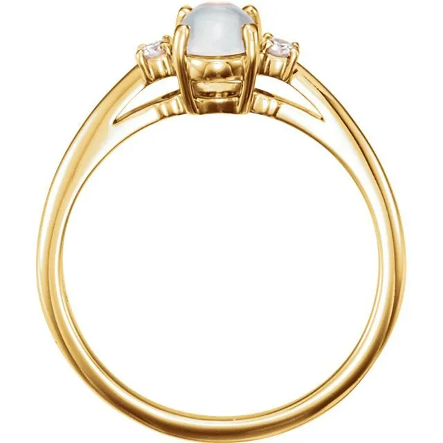 14KT GOLD 0.95 CT MOONSTONE & .06 CTW DIAMOND 3 STONE RING