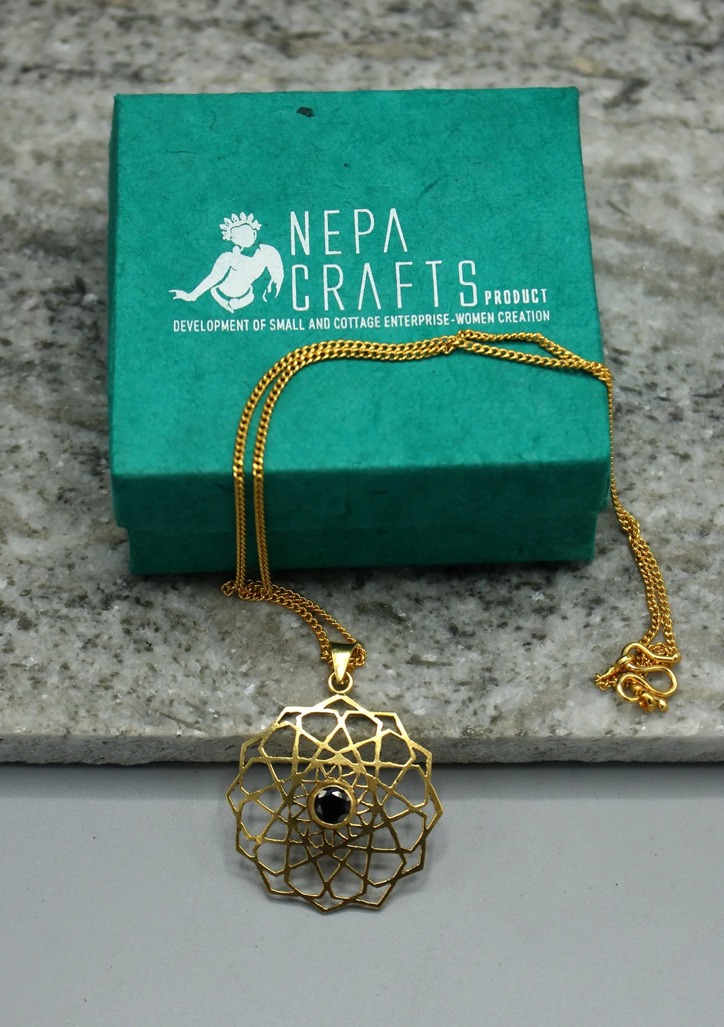 24 K Gold Plated Onyx Tibetan Mandala Necklace