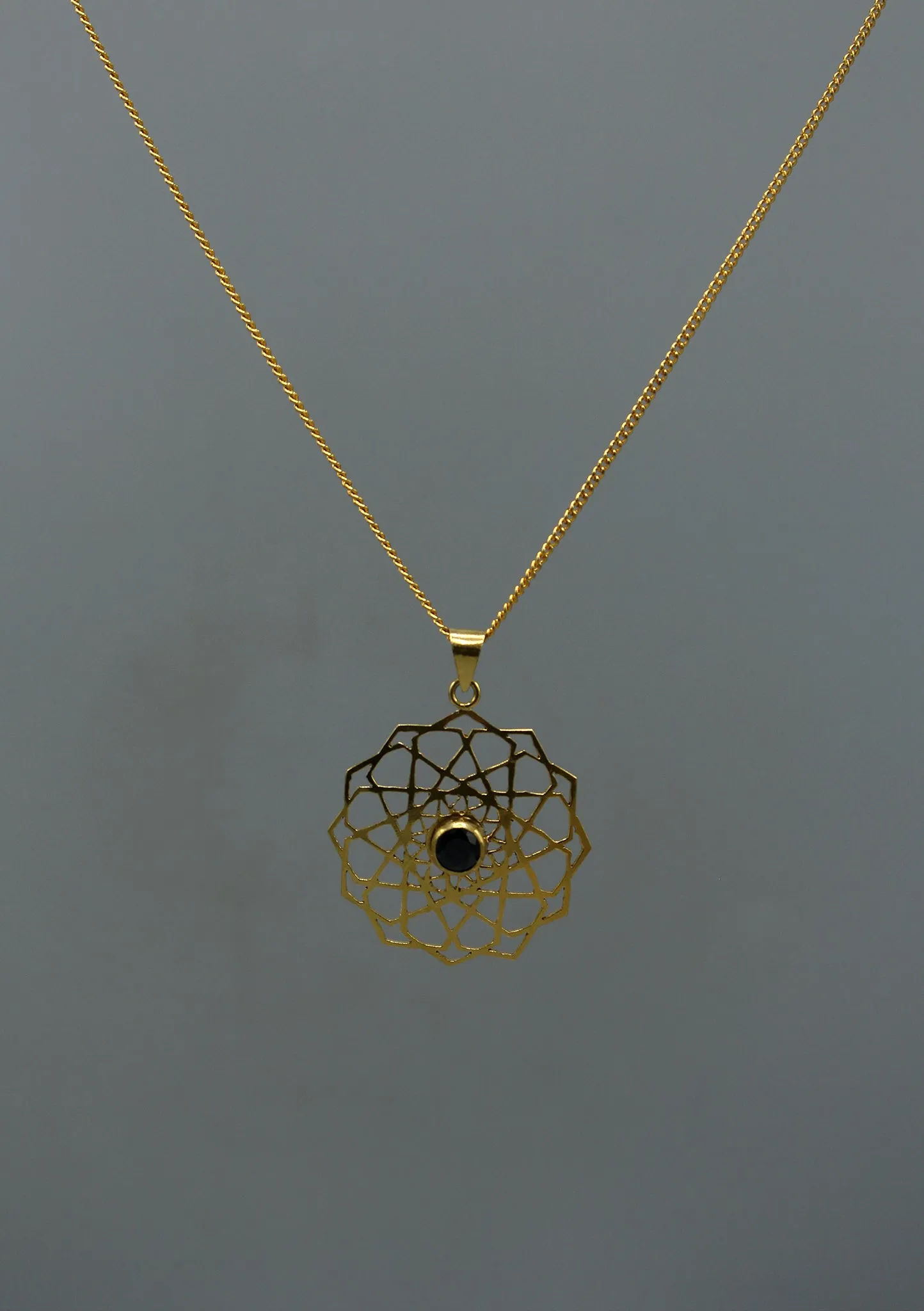 24 K Gold Plated Onyx Tibetan Mandala Necklace