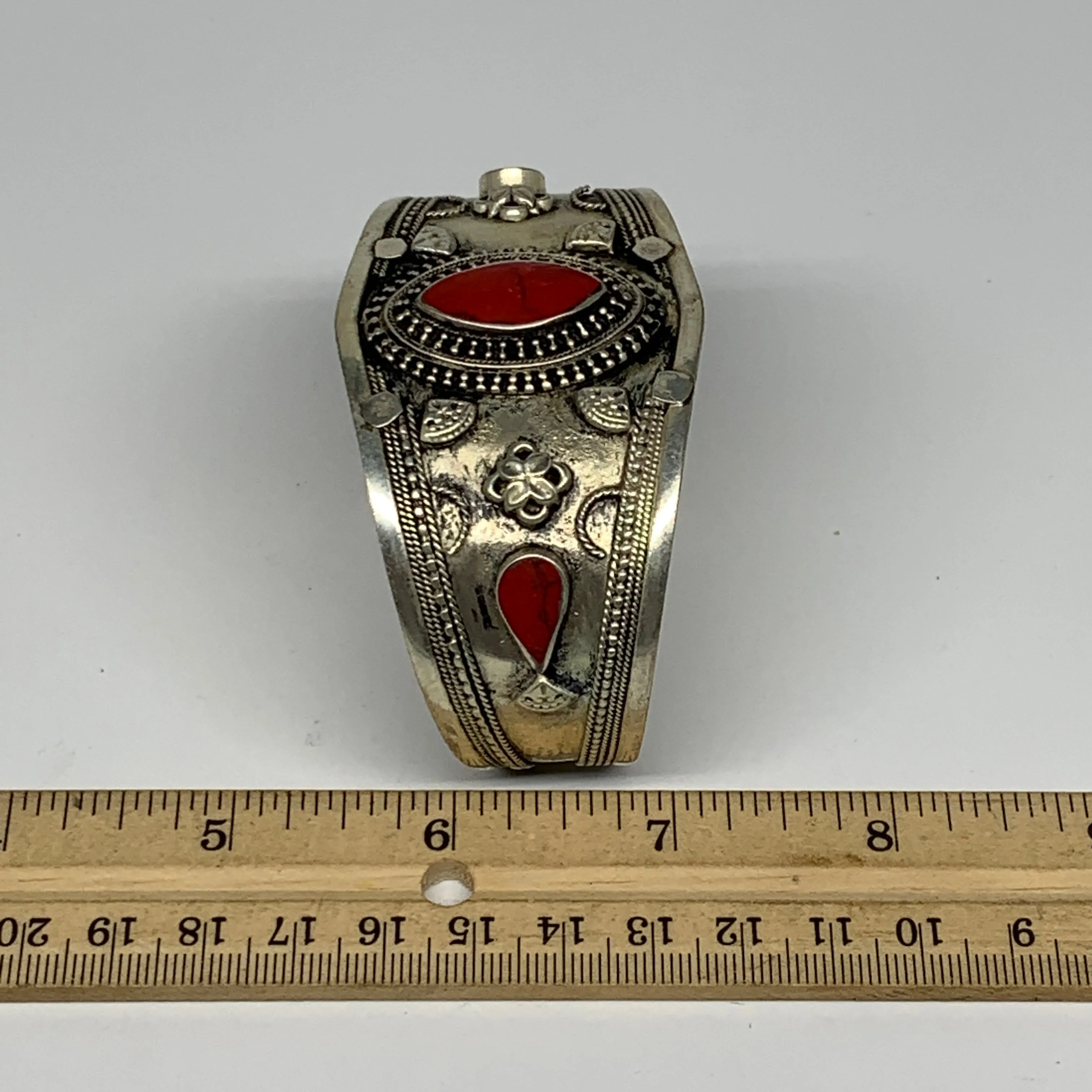 29.3g, 1.6" Turkmen Cuff Bracelet Tribal Small Marquise, Red Coral Inlay, B13496