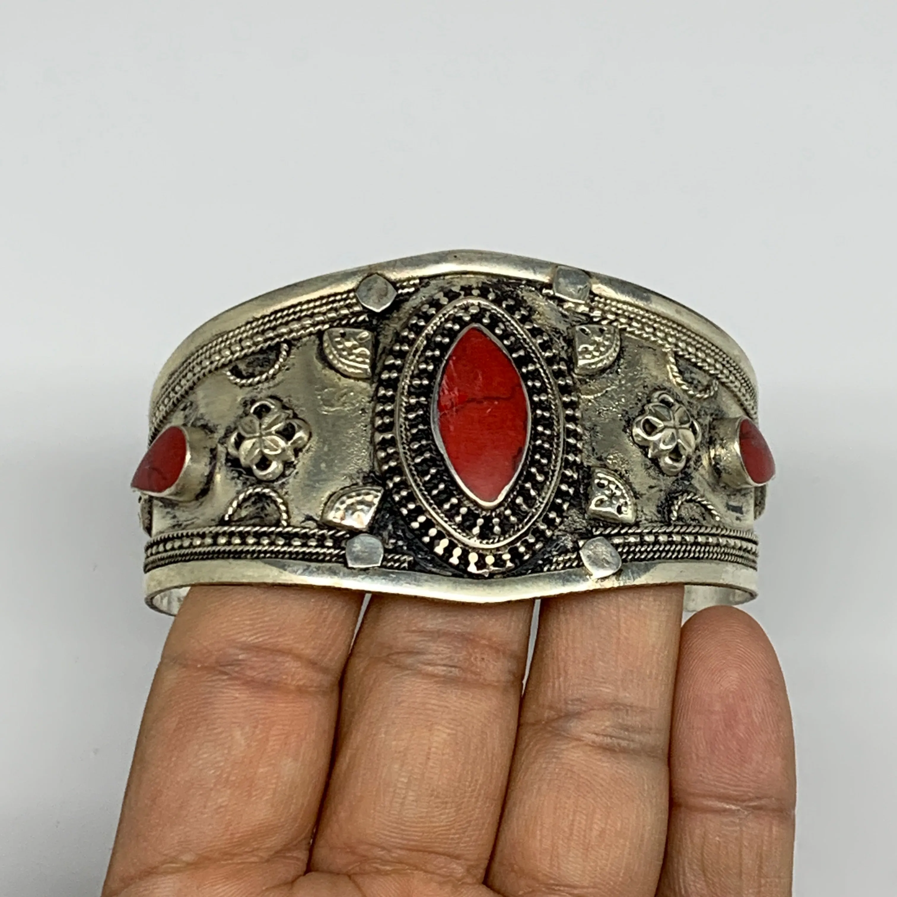 29.3g, 1.6" Turkmen Cuff Bracelet Tribal Small Marquise, Red Coral Inlay, B13496