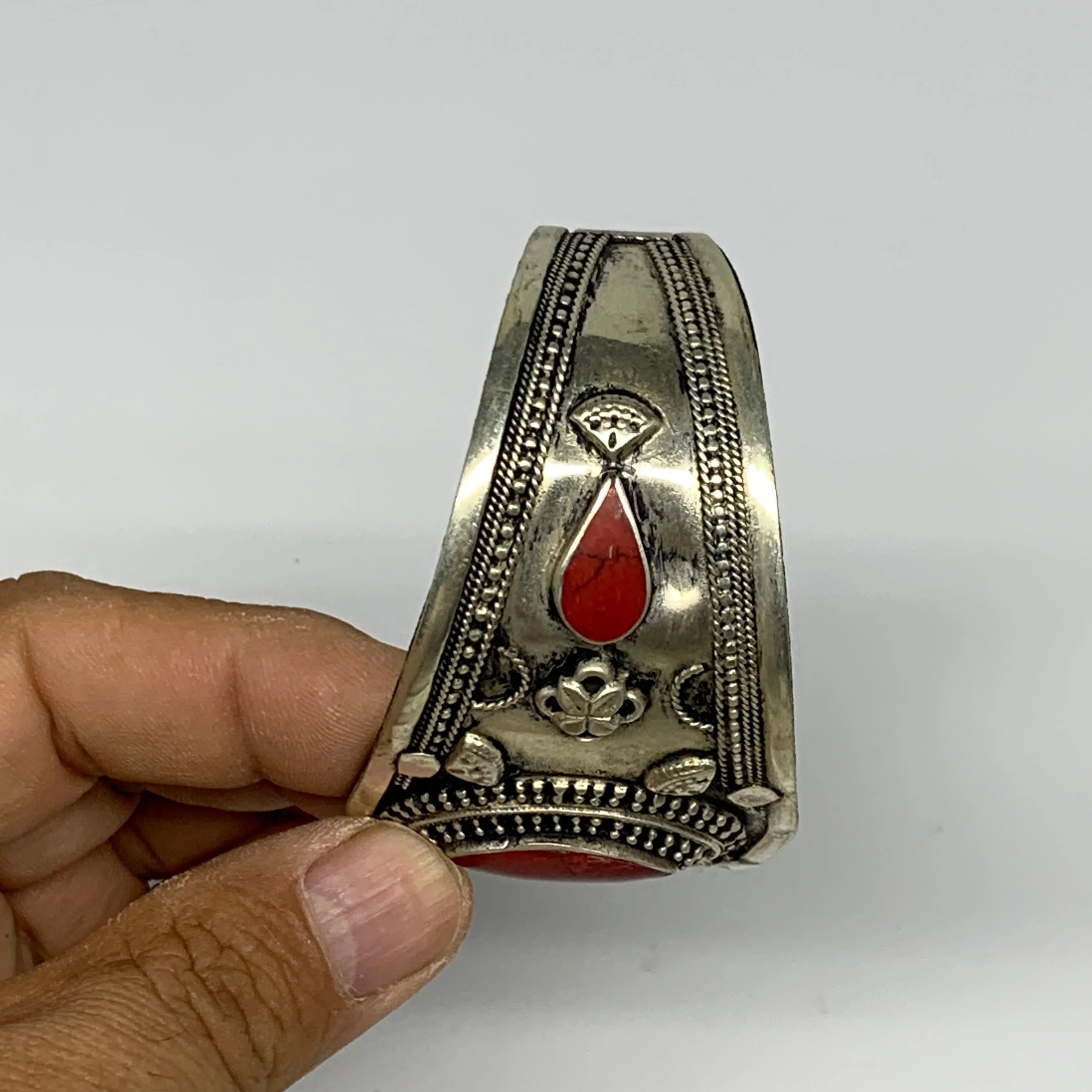 29.3g, 1.6" Turkmen Cuff Bracelet Tribal Small Marquise, Red Coral Inlay, B13496