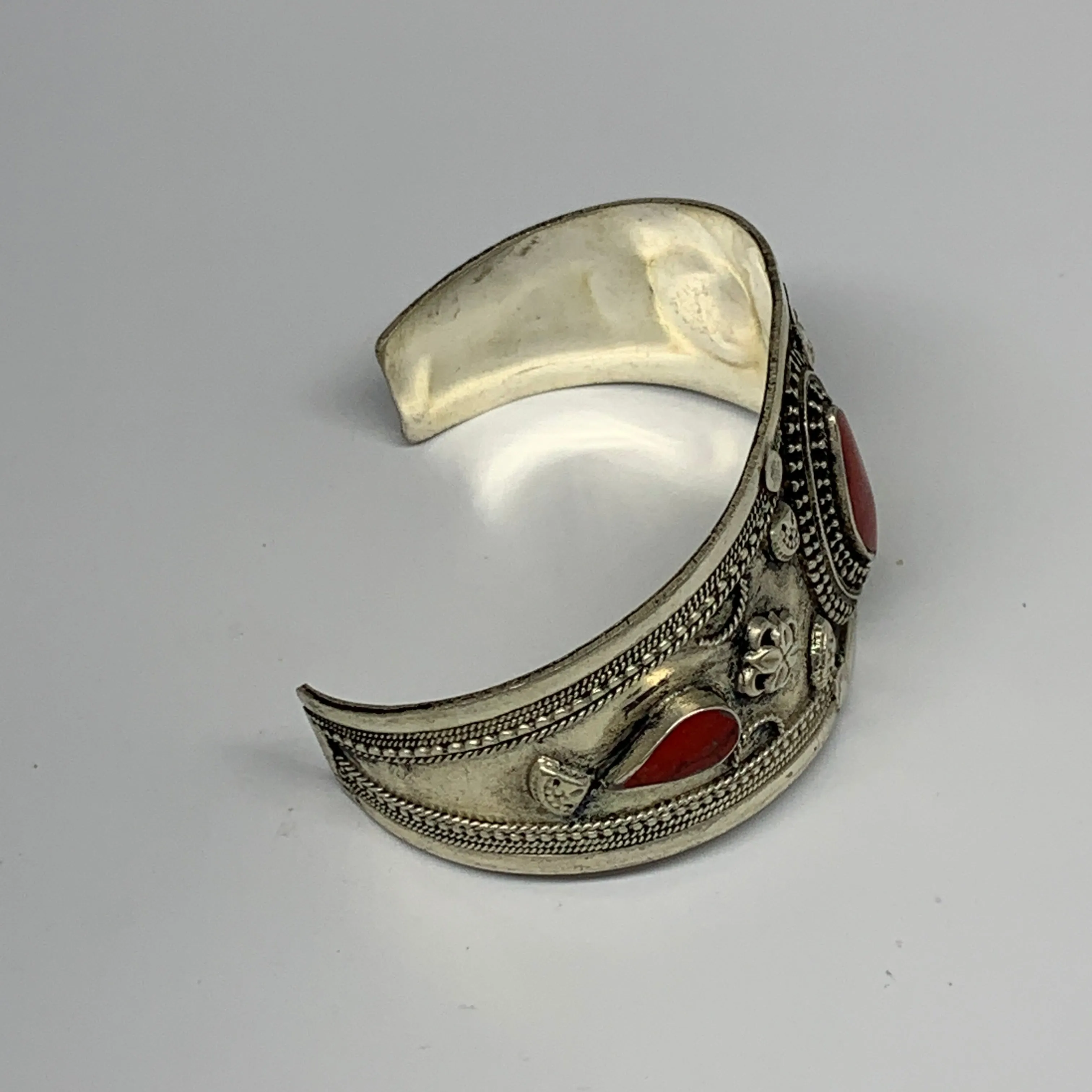 29.3g, 1.6" Turkmen Cuff Bracelet Tribal Small Marquise, Red Coral Inlay, B13496