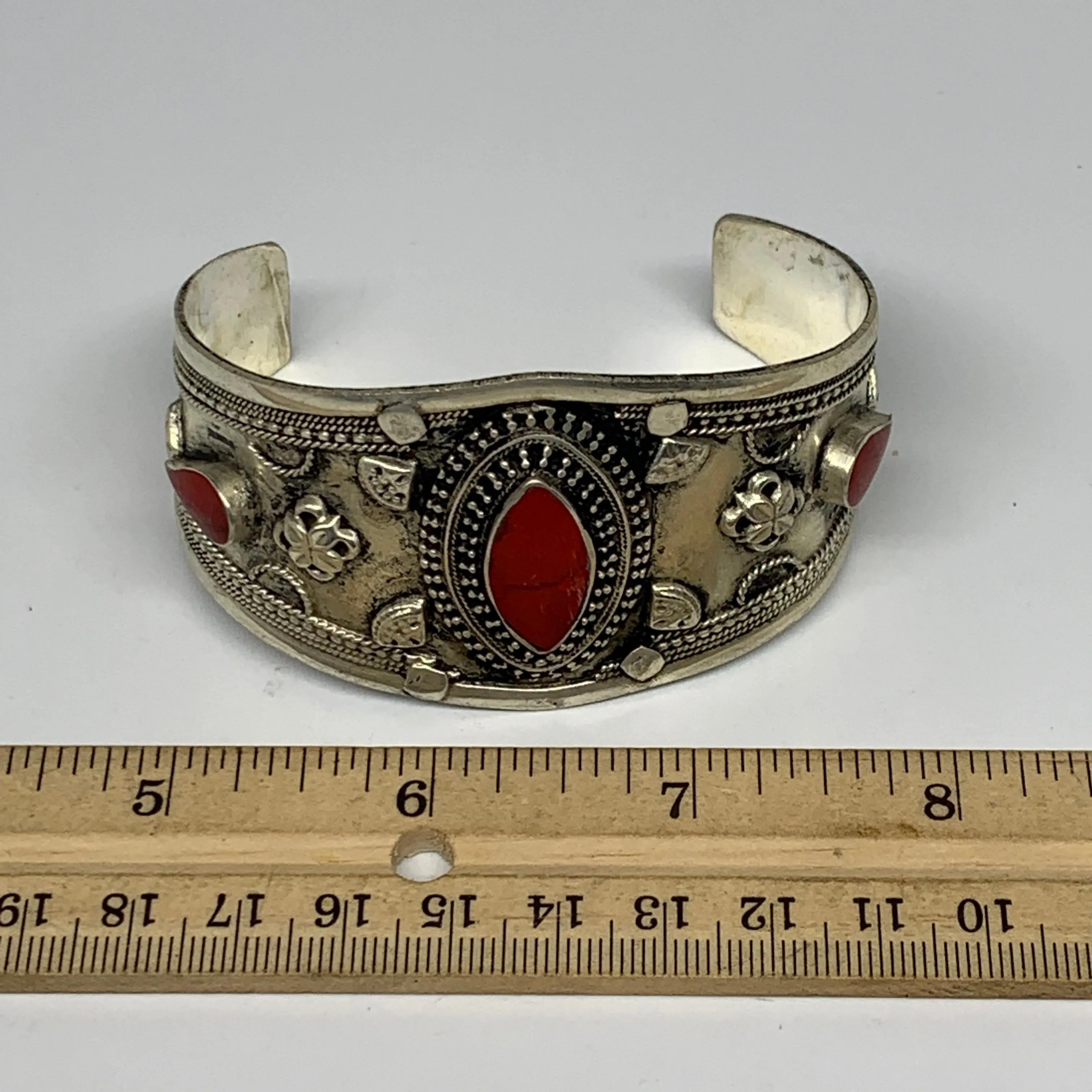 29.3g, 1.6" Turkmen Cuff Bracelet Tribal Small Marquise, Red Coral Inlay, B13496