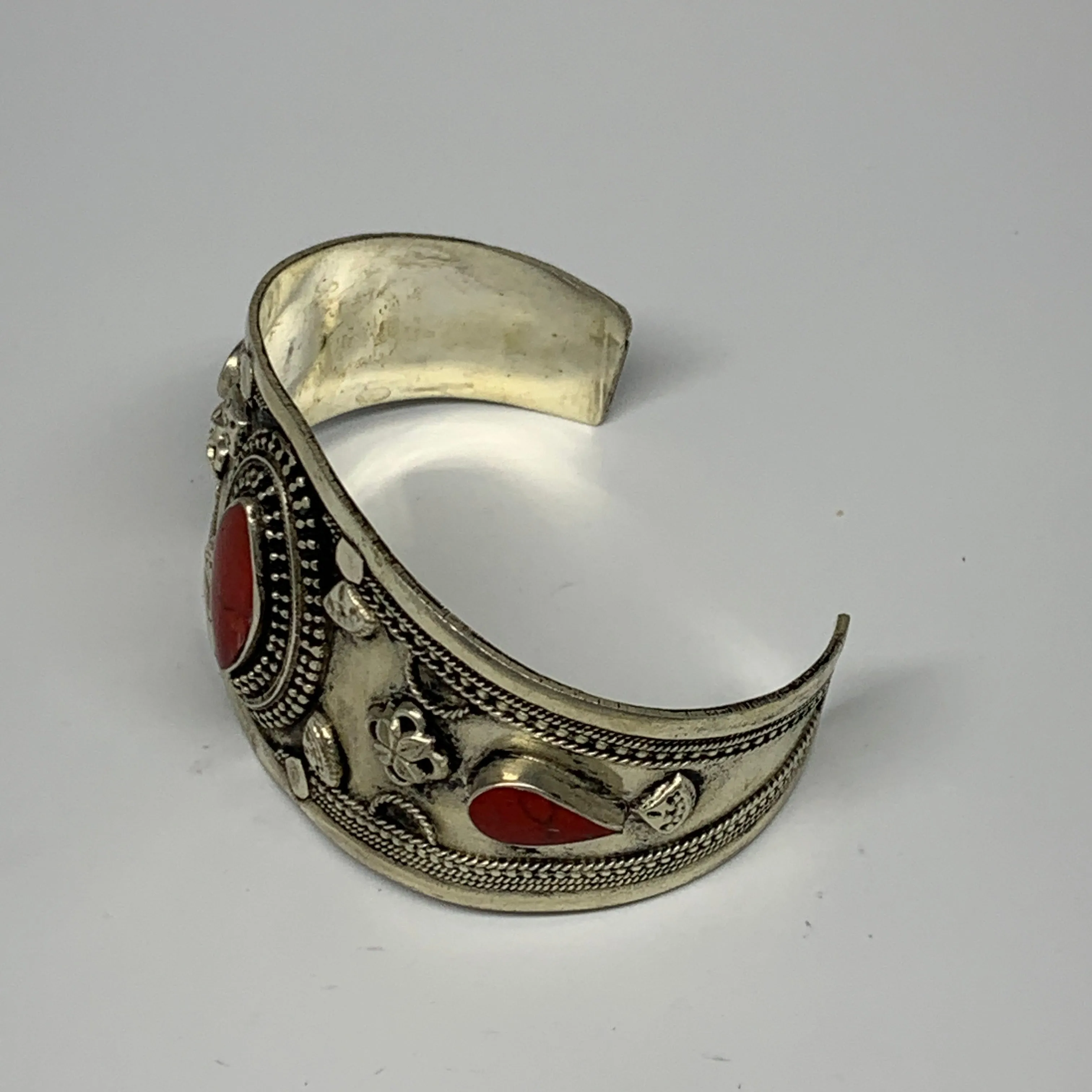 29.3g, 1.6" Turkmen Cuff Bracelet Tribal Small Marquise, Red Coral Inlay, B13496