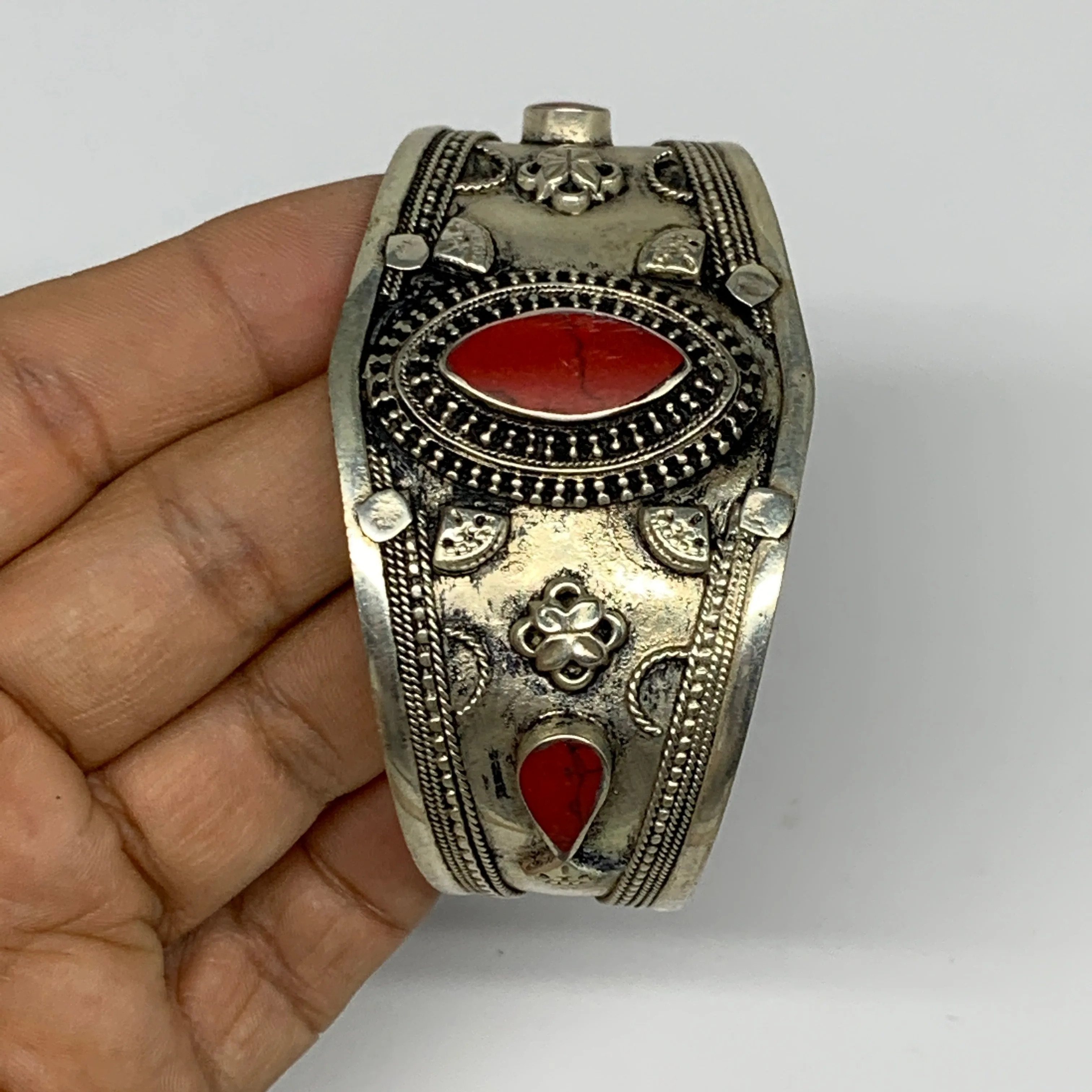 29.3g, 1.6" Turkmen Cuff Bracelet Tribal Small Marquise, Red Coral Inlay, B13496
