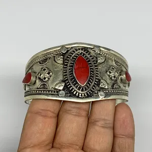 29.3g, 1.6" Turkmen Cuff Bracelet Tribal Small Marquise, Red Coral Inlay, B13496