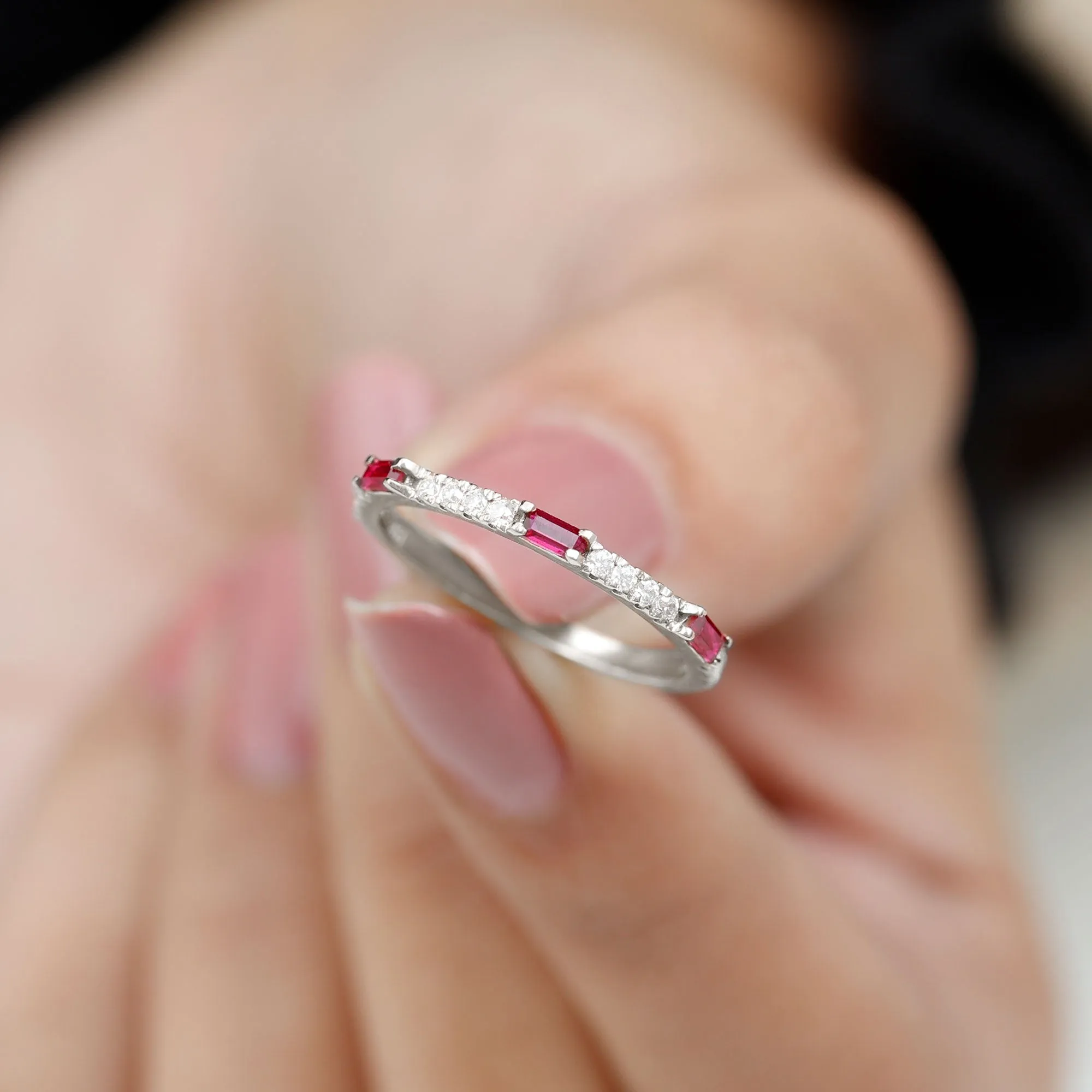 3/4 CT Baguette Cut Lab Grown Ruby Stackable Ring with Diamond