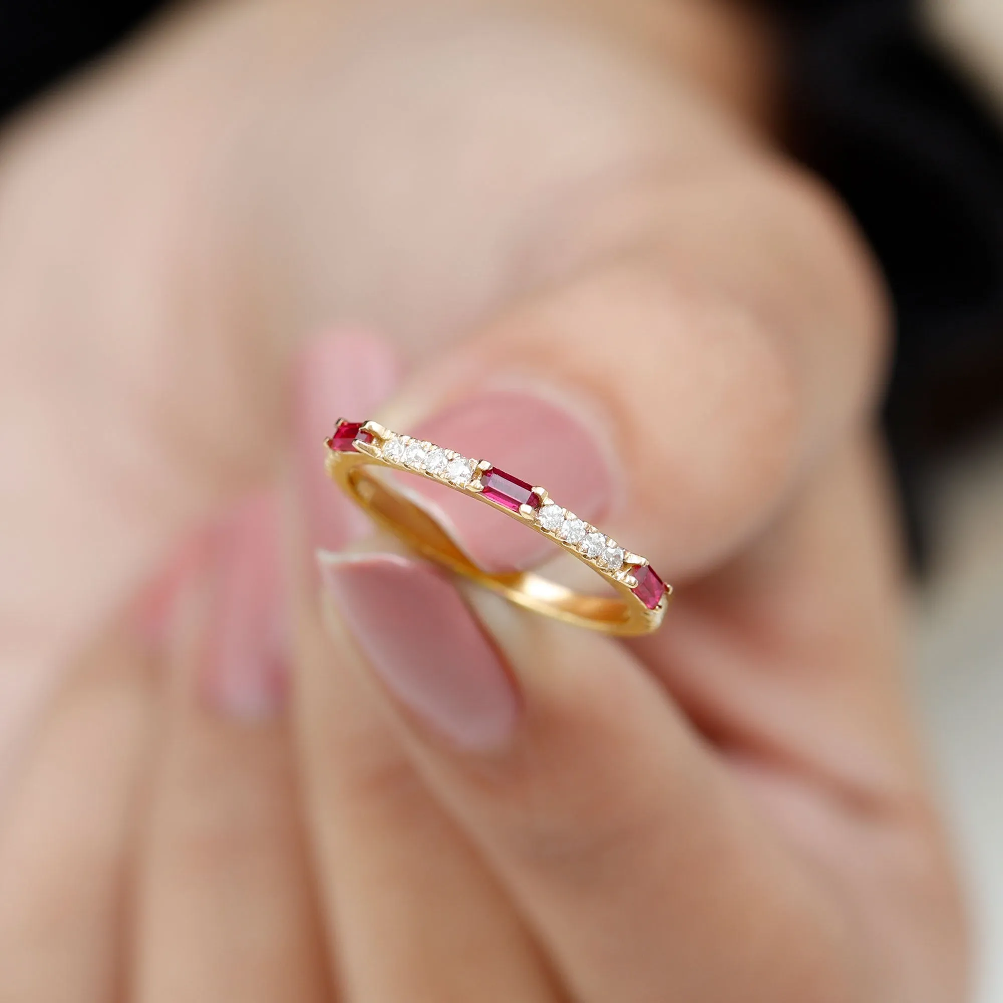3/4 CT Baguette Cut Lab Grown Ruby Stackable Ring with Diamond