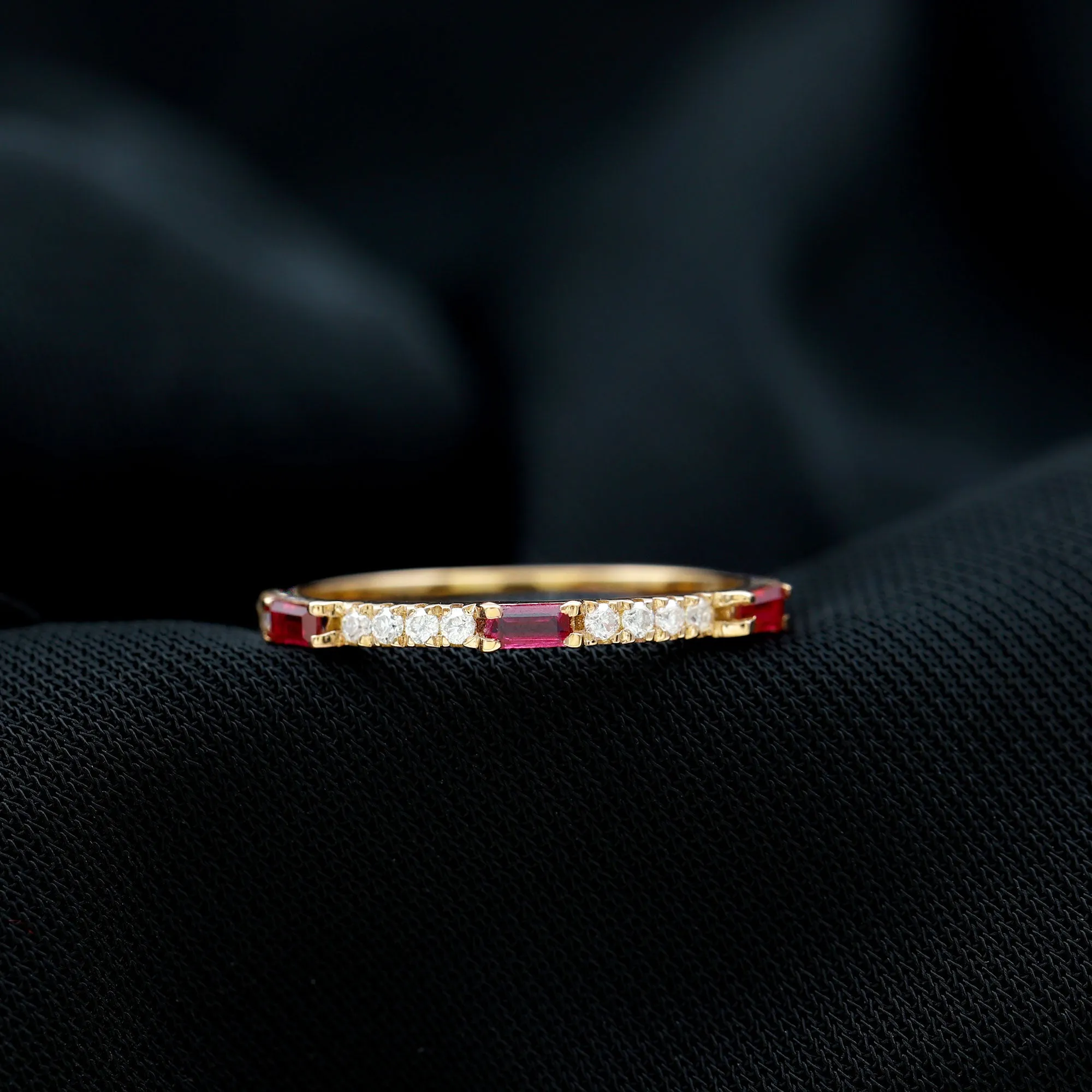 3/4 CT Baguette Cut Lab Grown Ruby Stackable Ring with Diamond