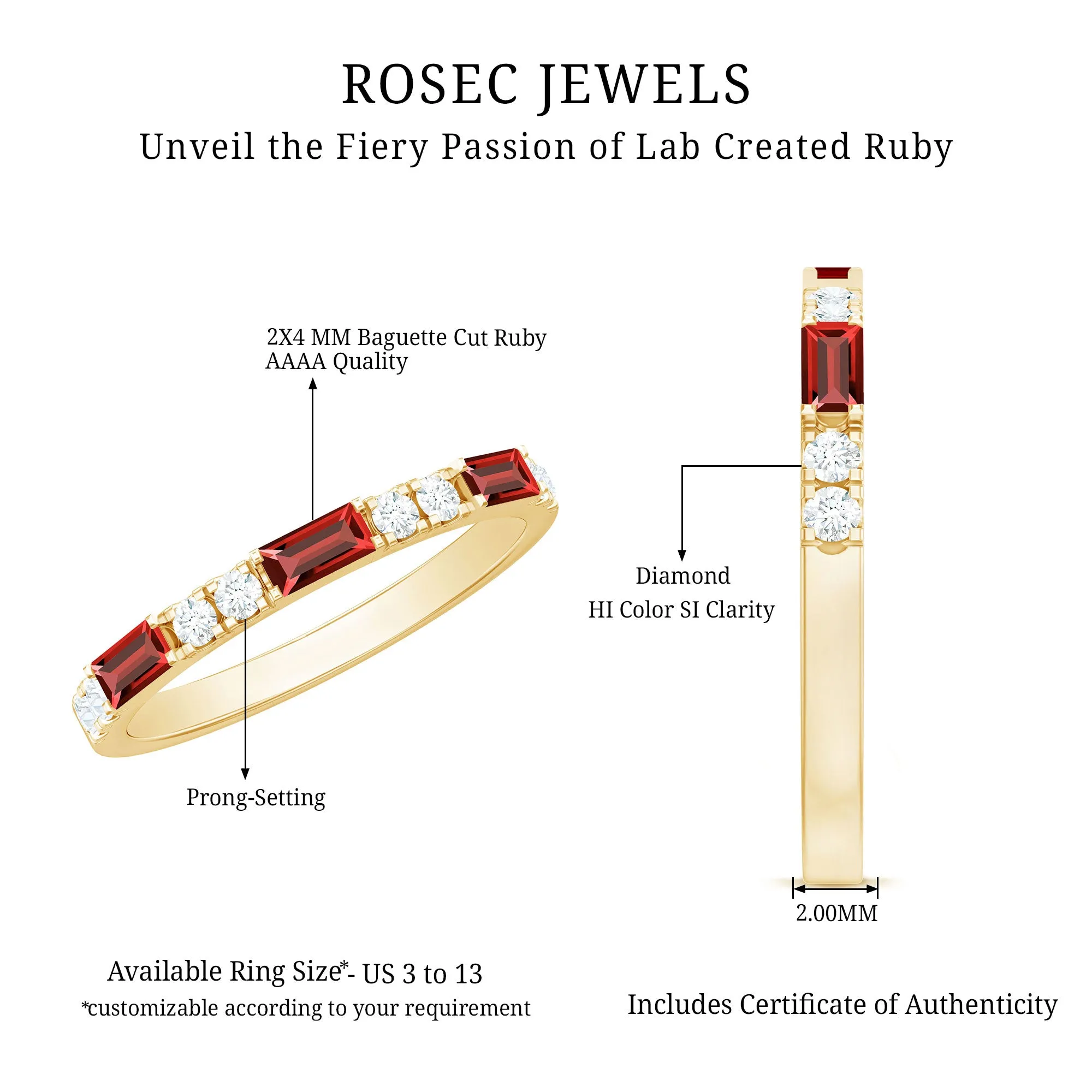 3/4 CT Baguette Cut Lab Grown Ruby Stackable Ring with Diamond