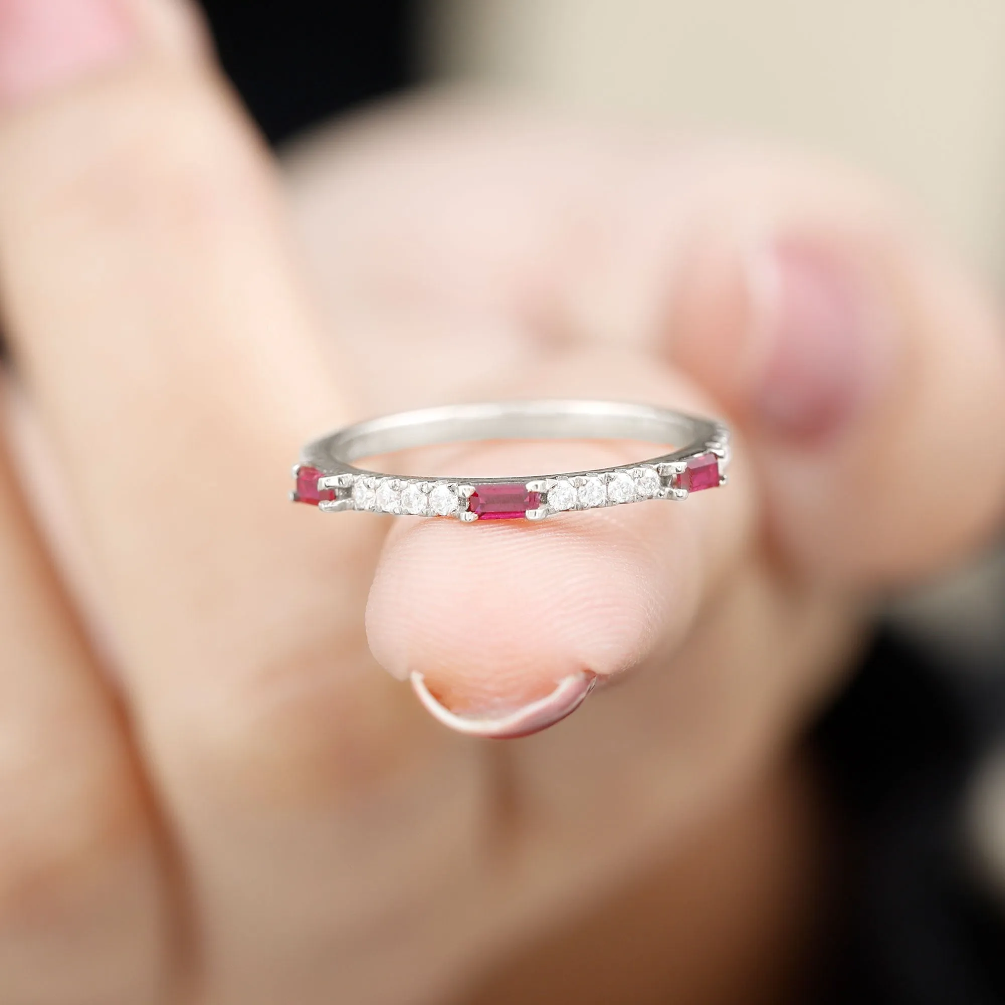 3/4 CT Baguette Cut Lab Grown Ruby Stackable Ring with Diamond
