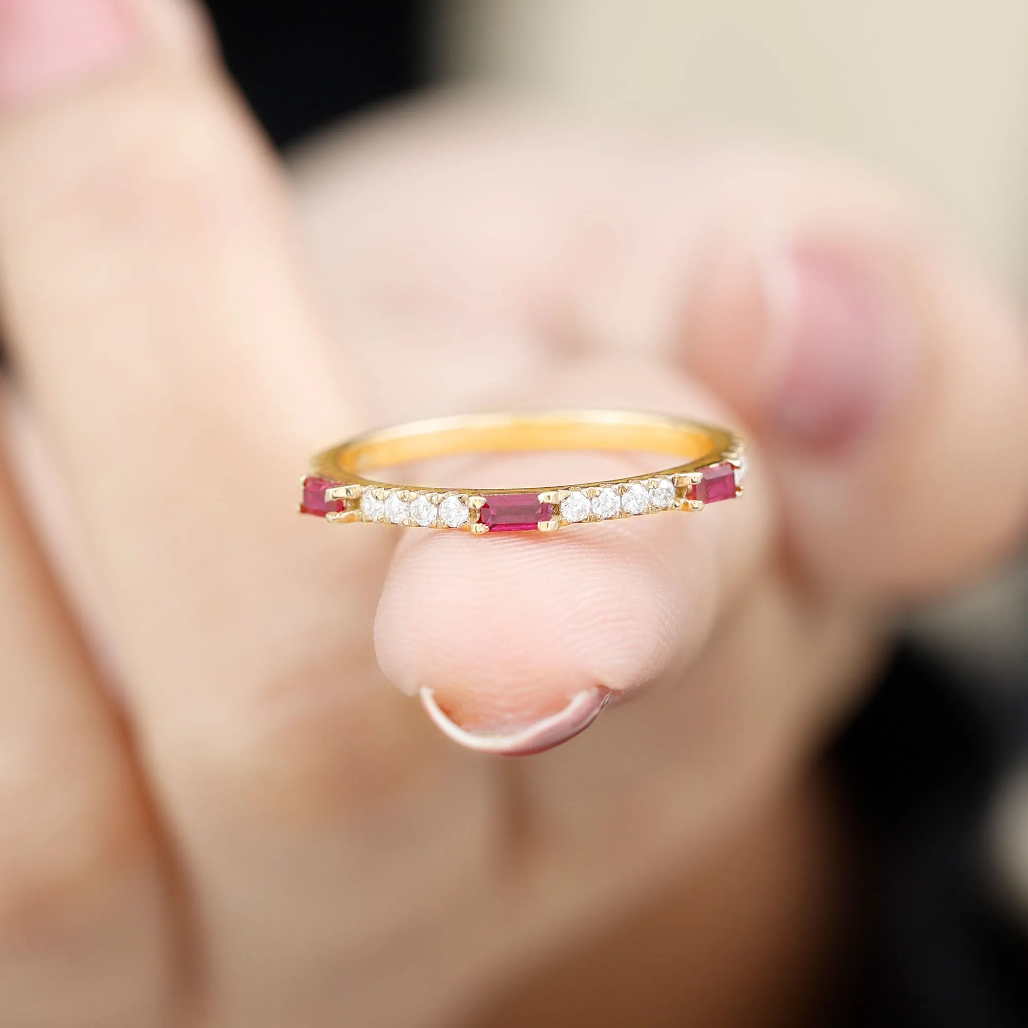 3/4 CT Baguette Cut Lab Grown Ruby Stackable Ring with Diamond