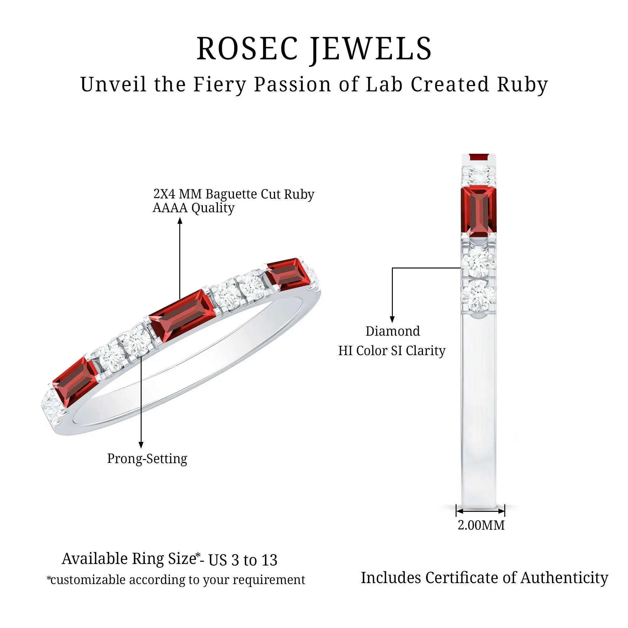 3/4 CT Baguette Cut Lab Grown Ruby Stackable Ring with Diamond