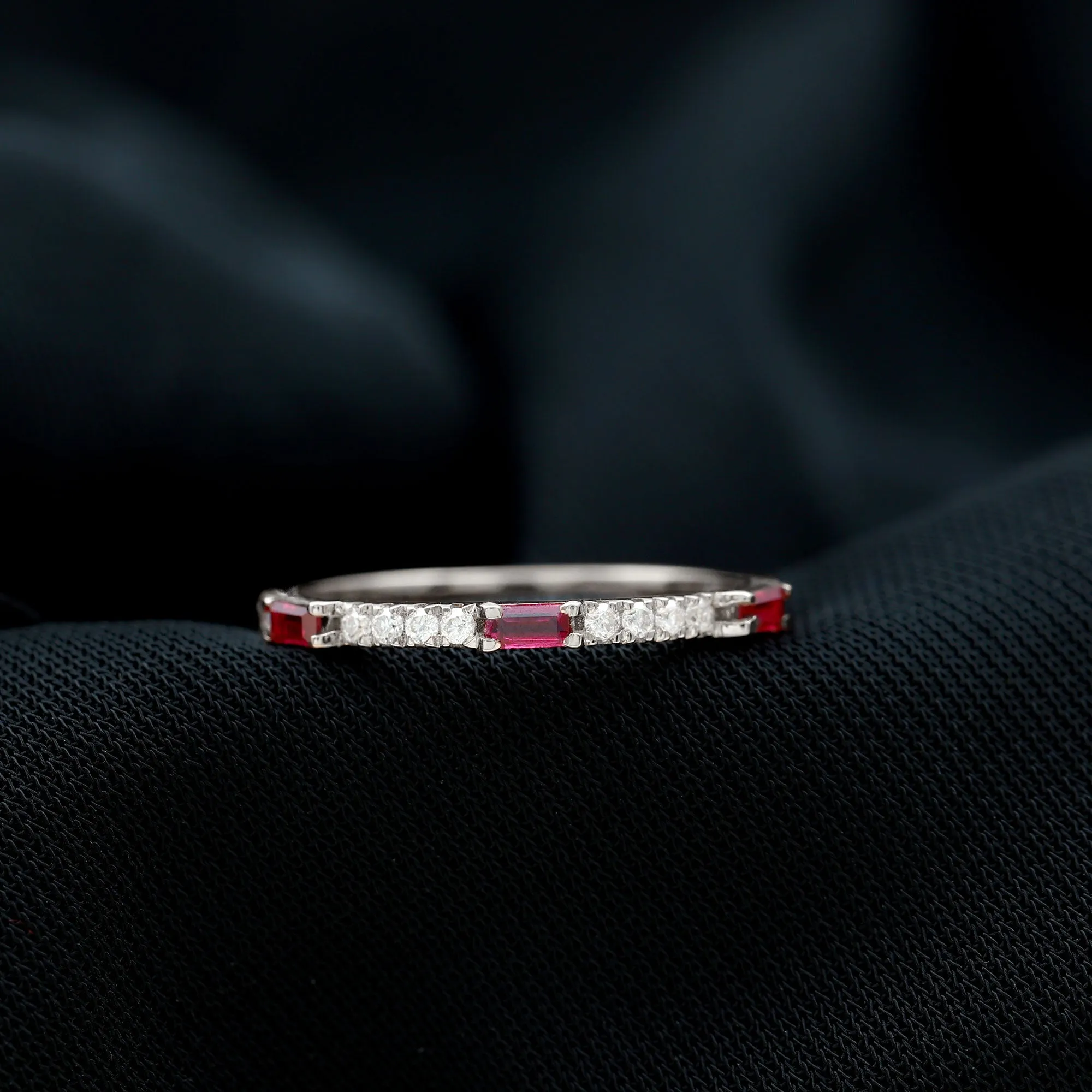 3/4 CT Baguette Cut Lab Grown Ruby Stackable Ring with Diamond