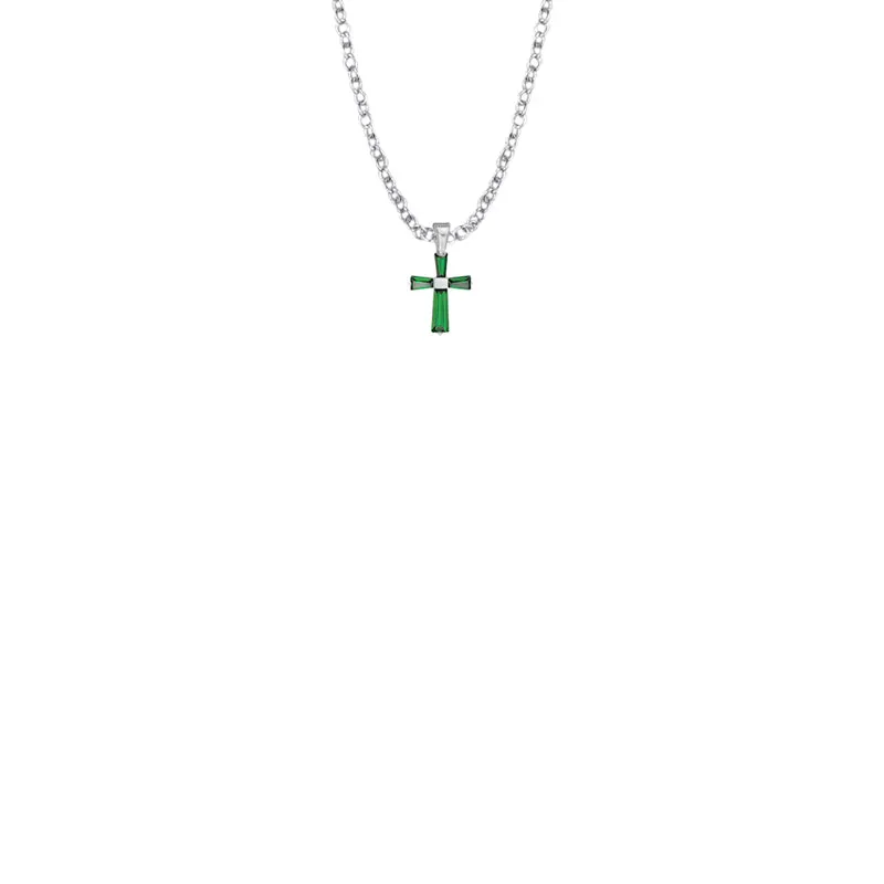 3/8 Inch Sterling Silver and Glass Crystal May Birthstone Baguette Cross Baby Necklace