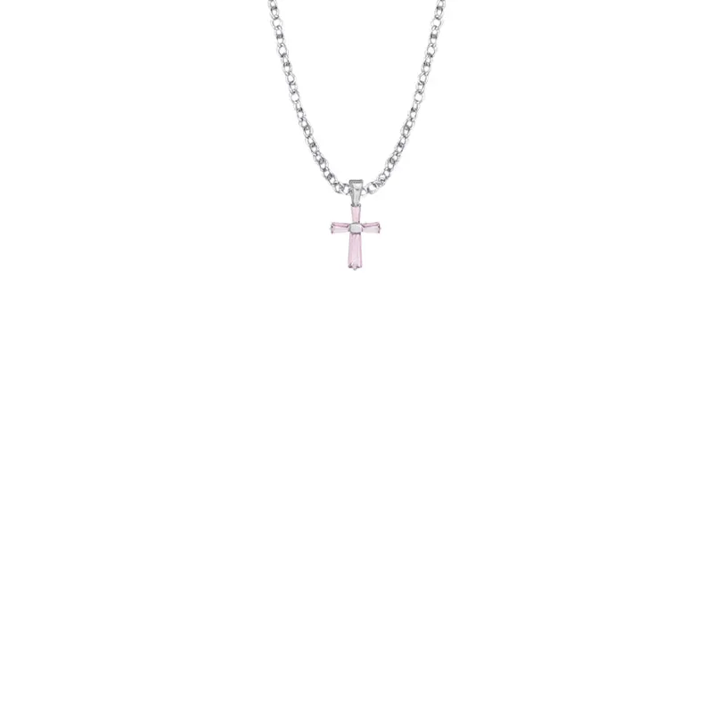 3/8 Inch Sterling Silver and Glass Crystal October Birthstone Baguette Cross Baby Necklace