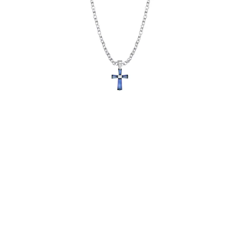 3/8 Inch Sterling Silver and Glass Crystal September Birthstone Baguette Cross Baby Necklace