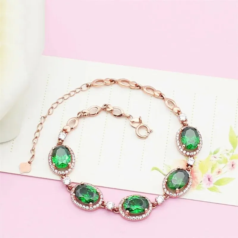 585 purple gold inlaid crystal oval green gemstone bracelet for women