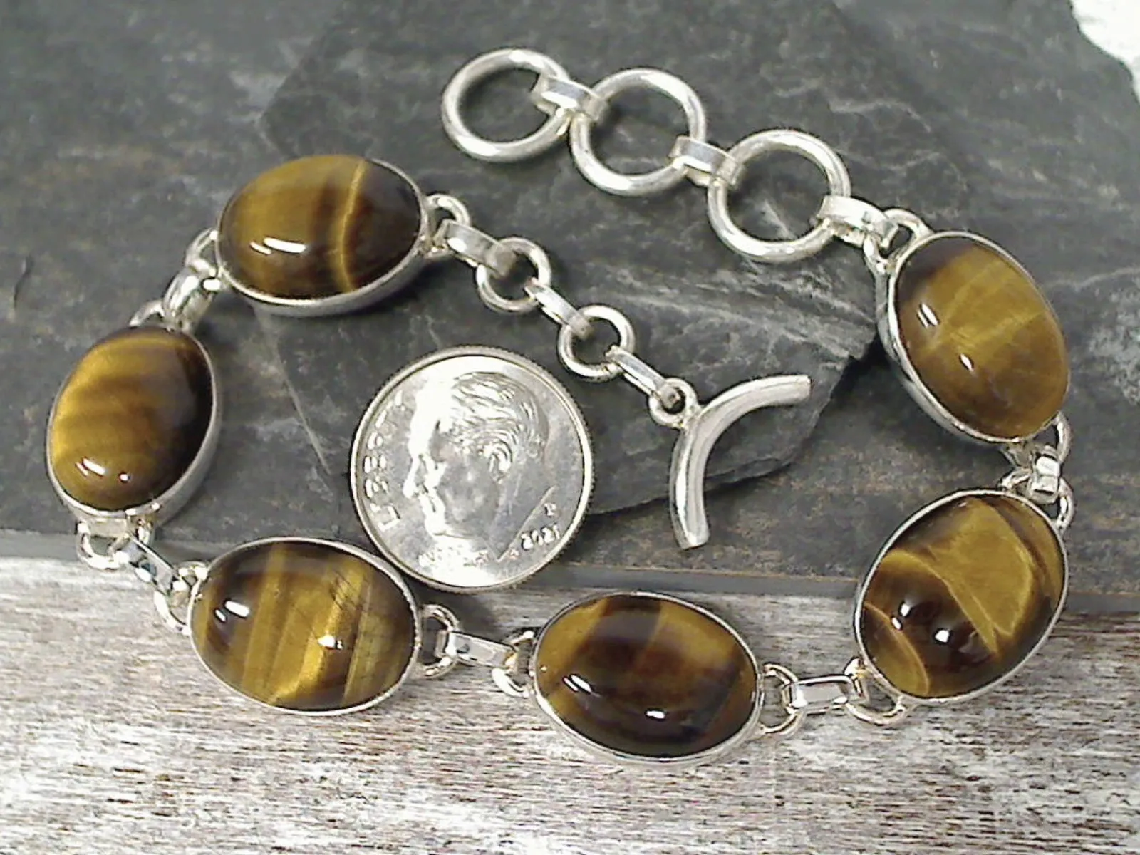 7.25" - 8.25" Tiger's Eye, Sterling Silver Bracelet