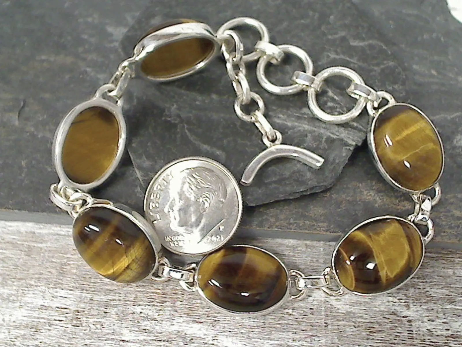 7.25" - 8.25" Tiger's Eye, Sterling Silver Bracelet