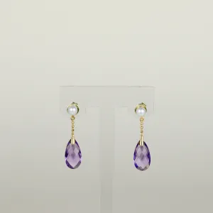 9ct Yellow Gold 3.22ct Oval Briolette Amethyst and Pearl Drop Earrings