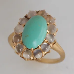 Antique Victorian 18k Gold Turquoise and Moonstone Halo Ring