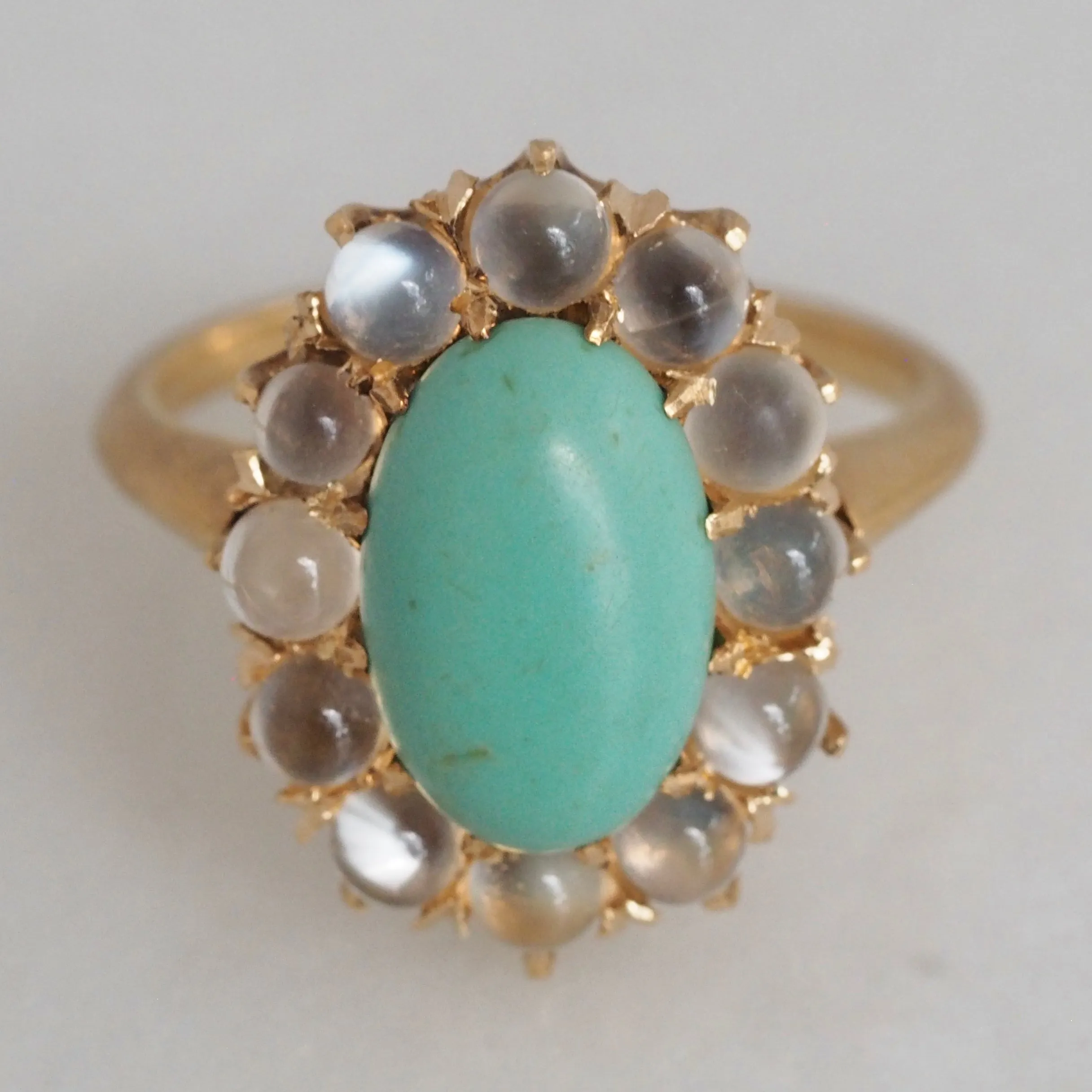 Antique Victorian 18k Gold Turquoise and Moonstone Halo Ring