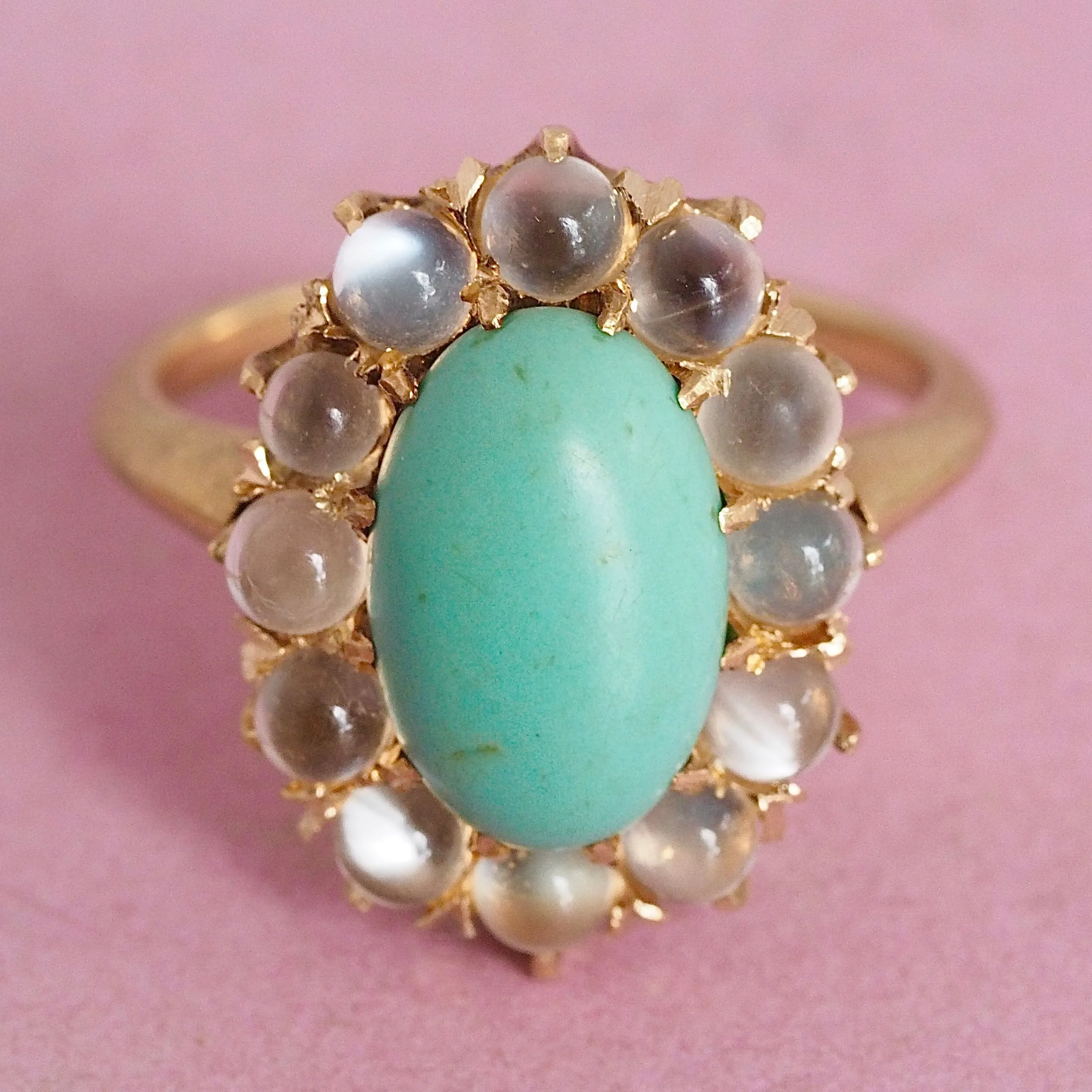 Antique Victorian 18k Gold Turquoise and Moonstone Halo Ring