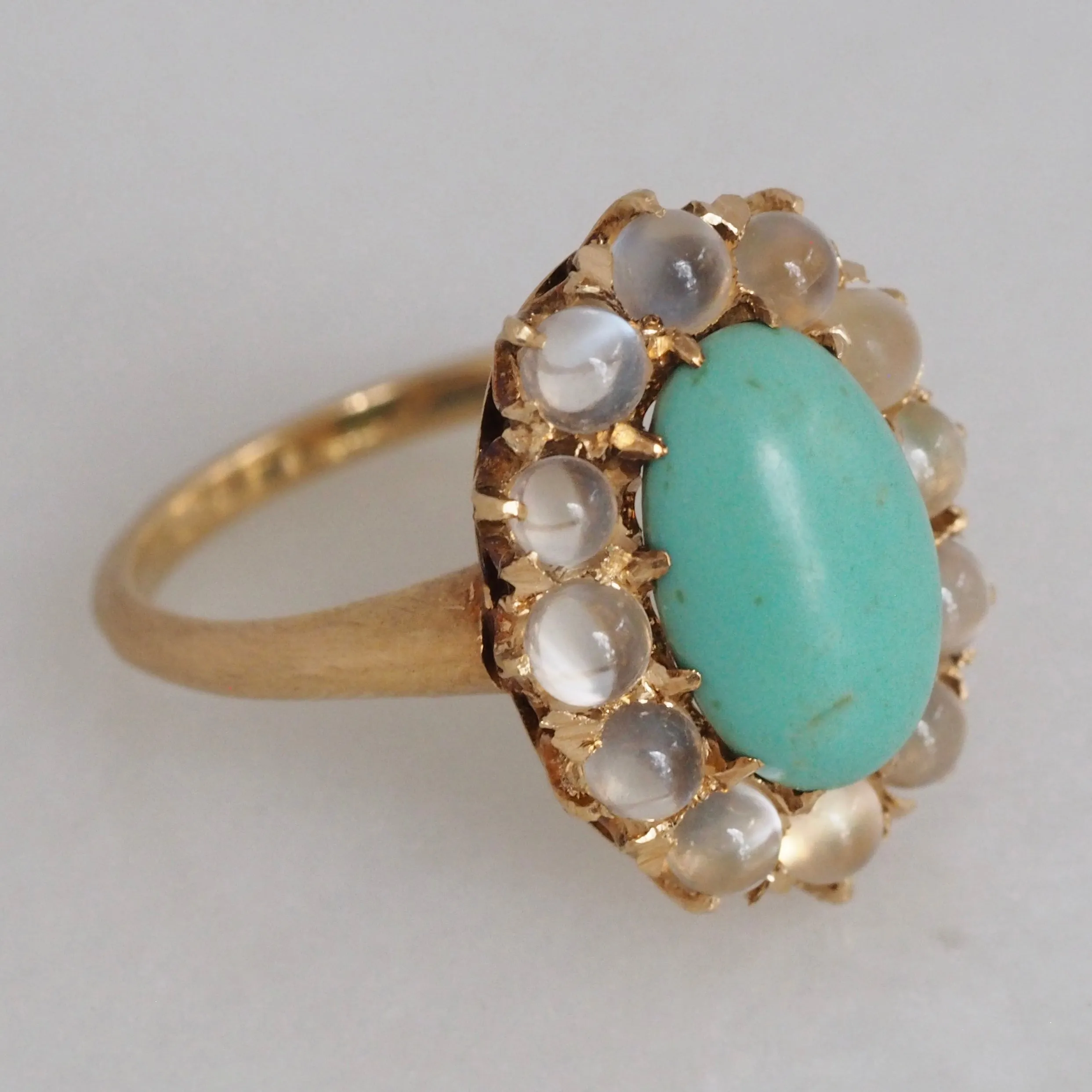 Antique Victorian 18k Gold Turquoise and Moonstone Halo Ring