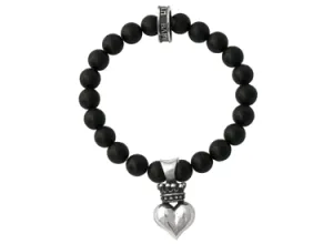 Black Onyx Bead Bracelet with 3D Silver Crowned Heart