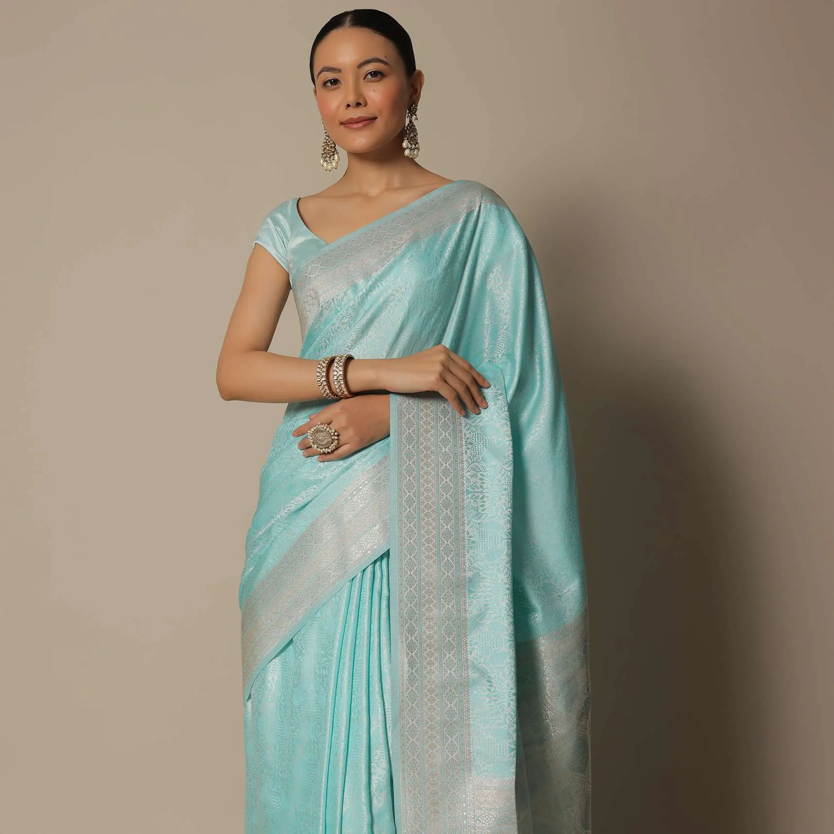 Blue Brocade Silk Saree With Unstitched Blouse Fabric