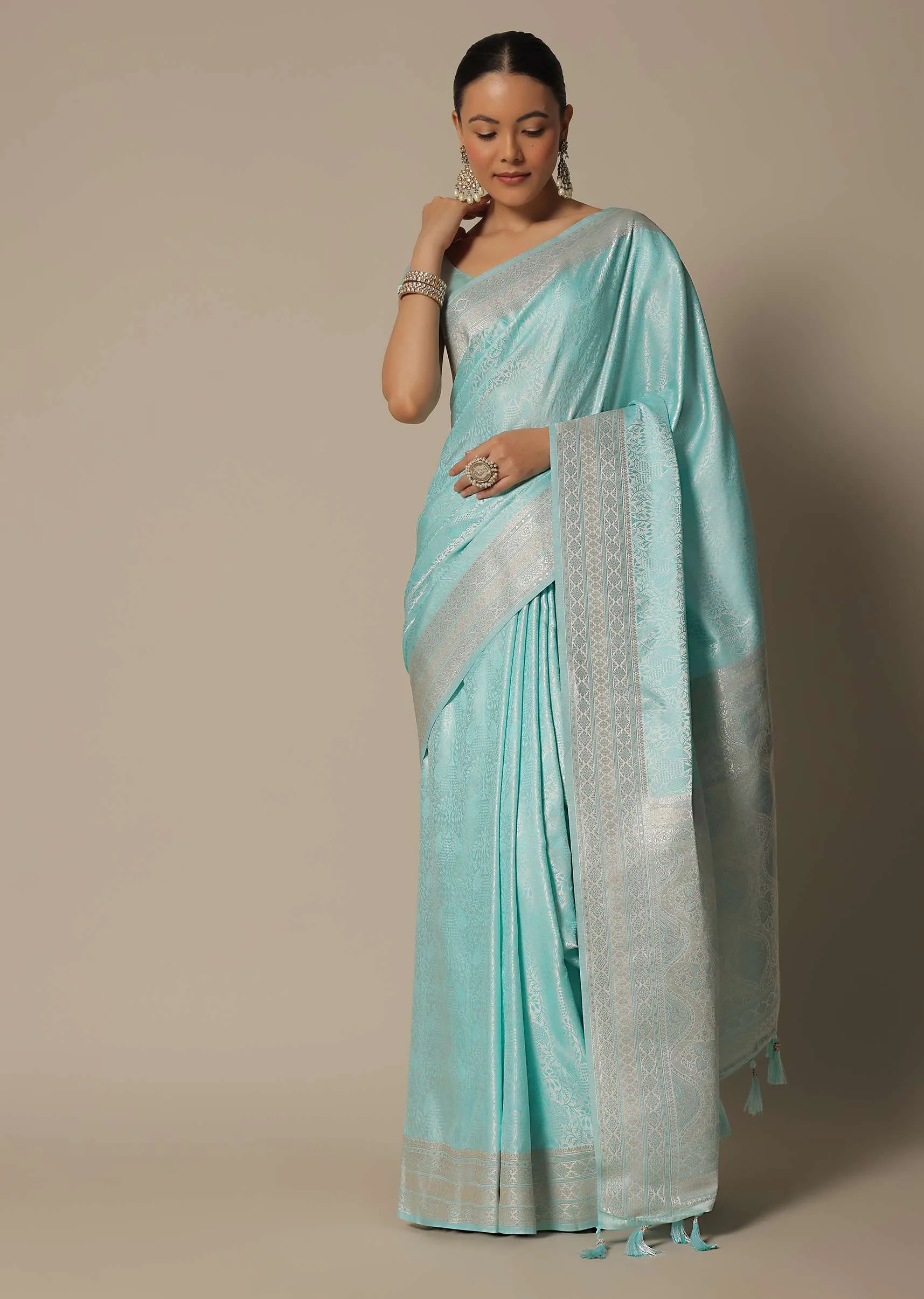 Blue Brocade Silk Saree With Unstitched Blouse Fabric