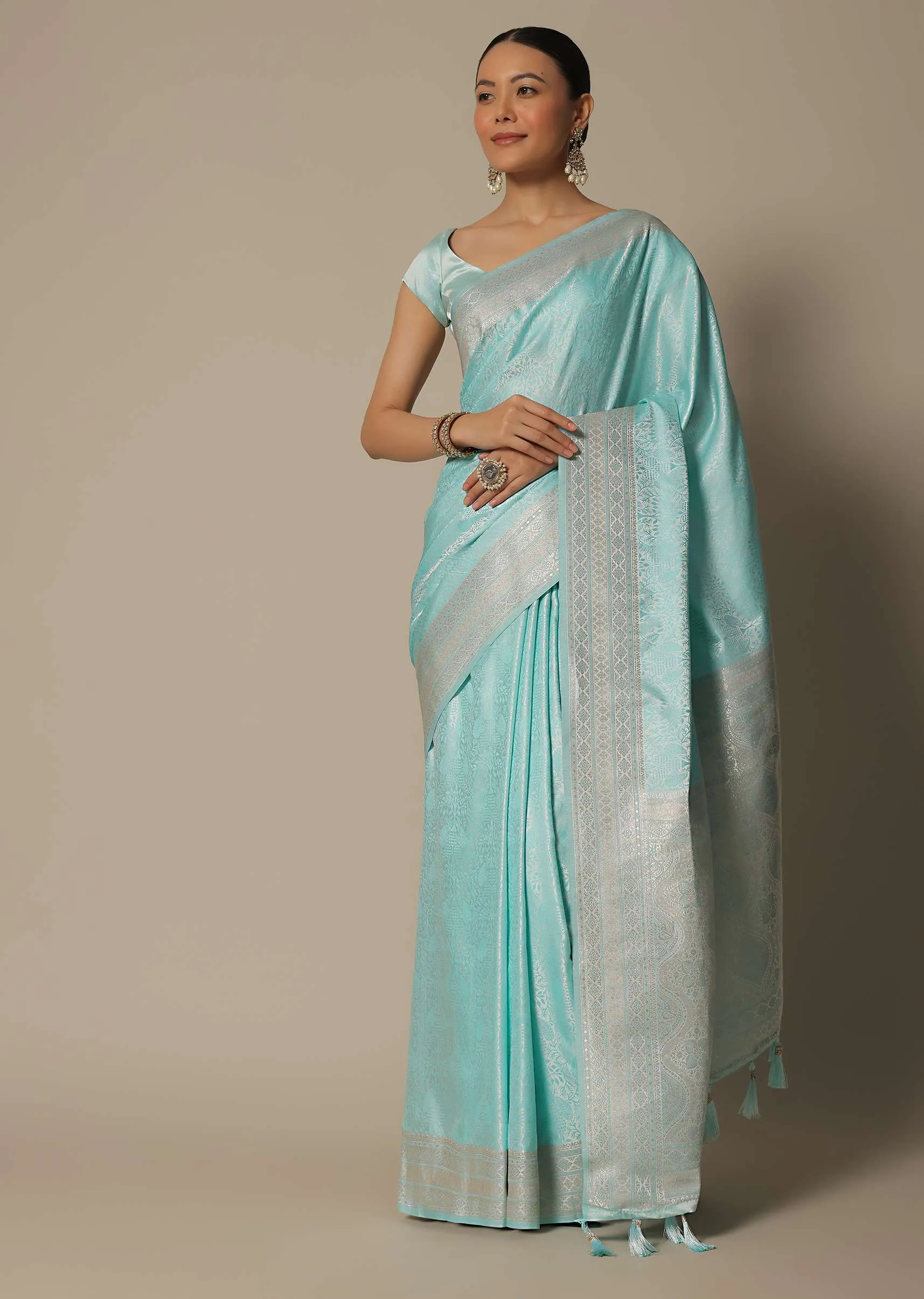 Blue Brocade Silk Saree With Unstitched Blouse Fabric