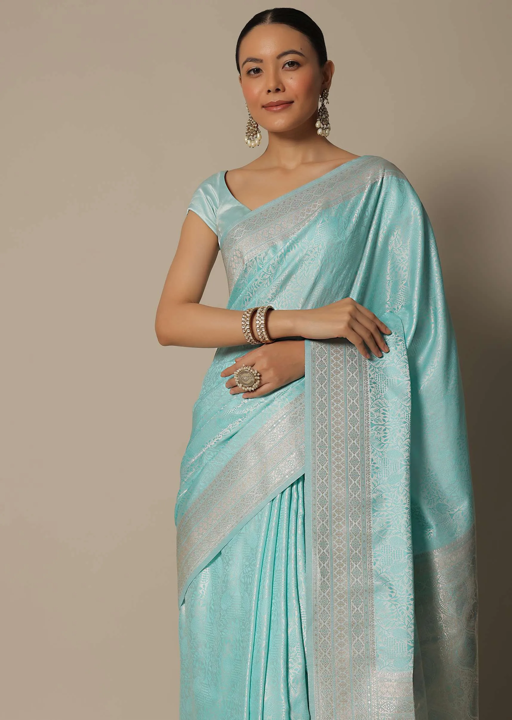 Blue Brocade Silk Saree With Unstitched Blouse Fabric