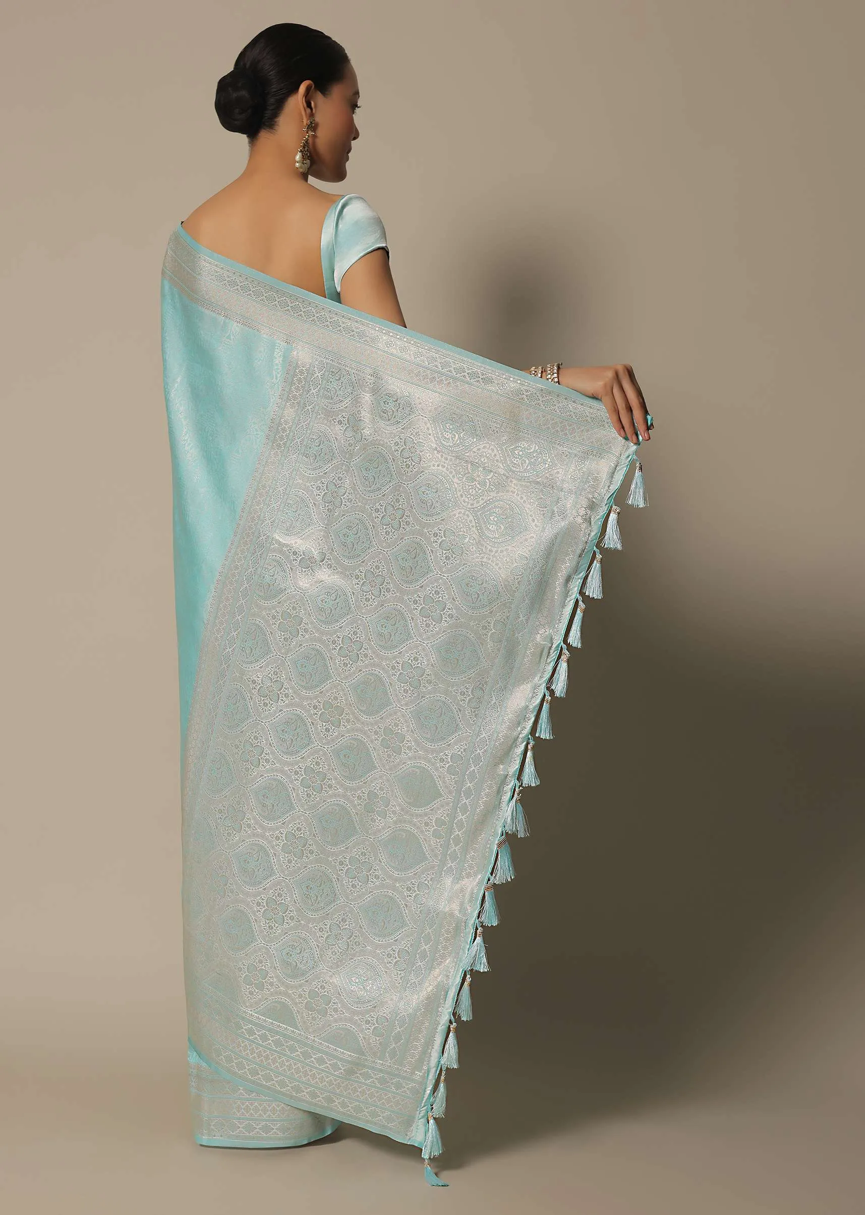 Blue Brocade Silk Saree With Unstitched Blouse Fabric