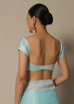 Blue Brocade Silk Saree With Unstitched Blouse Fabric