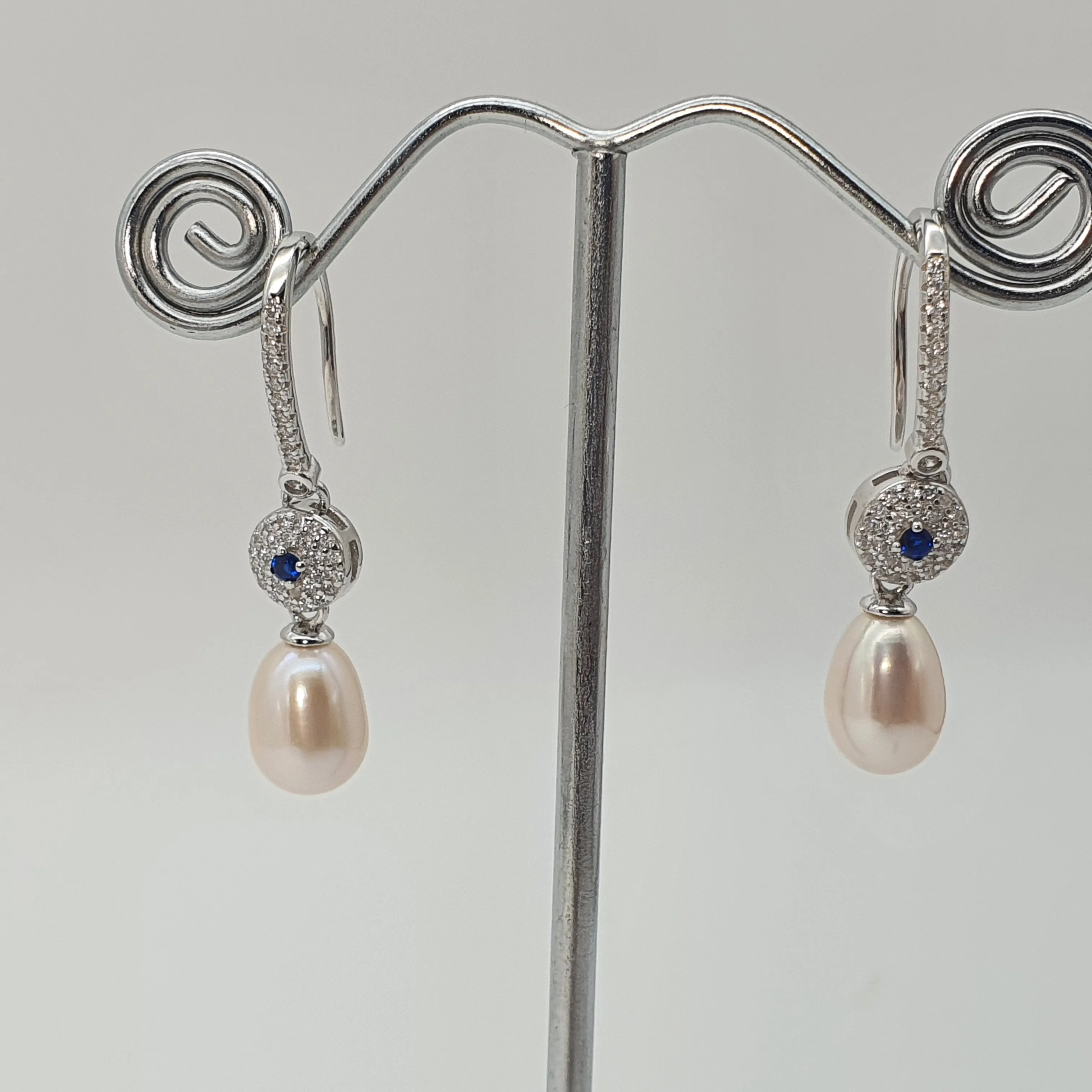 Blue Crystal & Freshwater Pearl Bridal Earrings, Sterling Silver