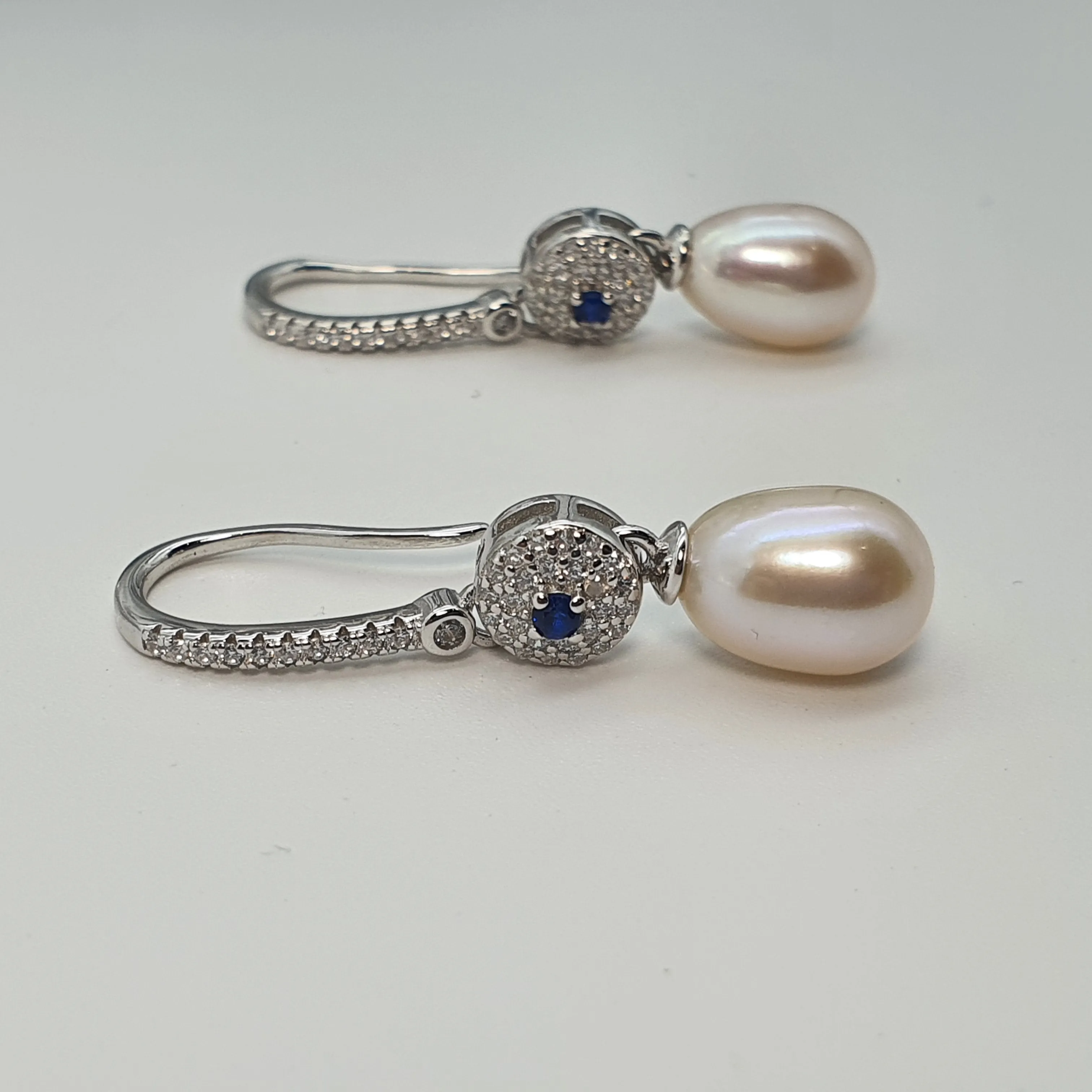 Blue Crystal & Freshwater Pearl Bridal Earrings, Sterling Silver
