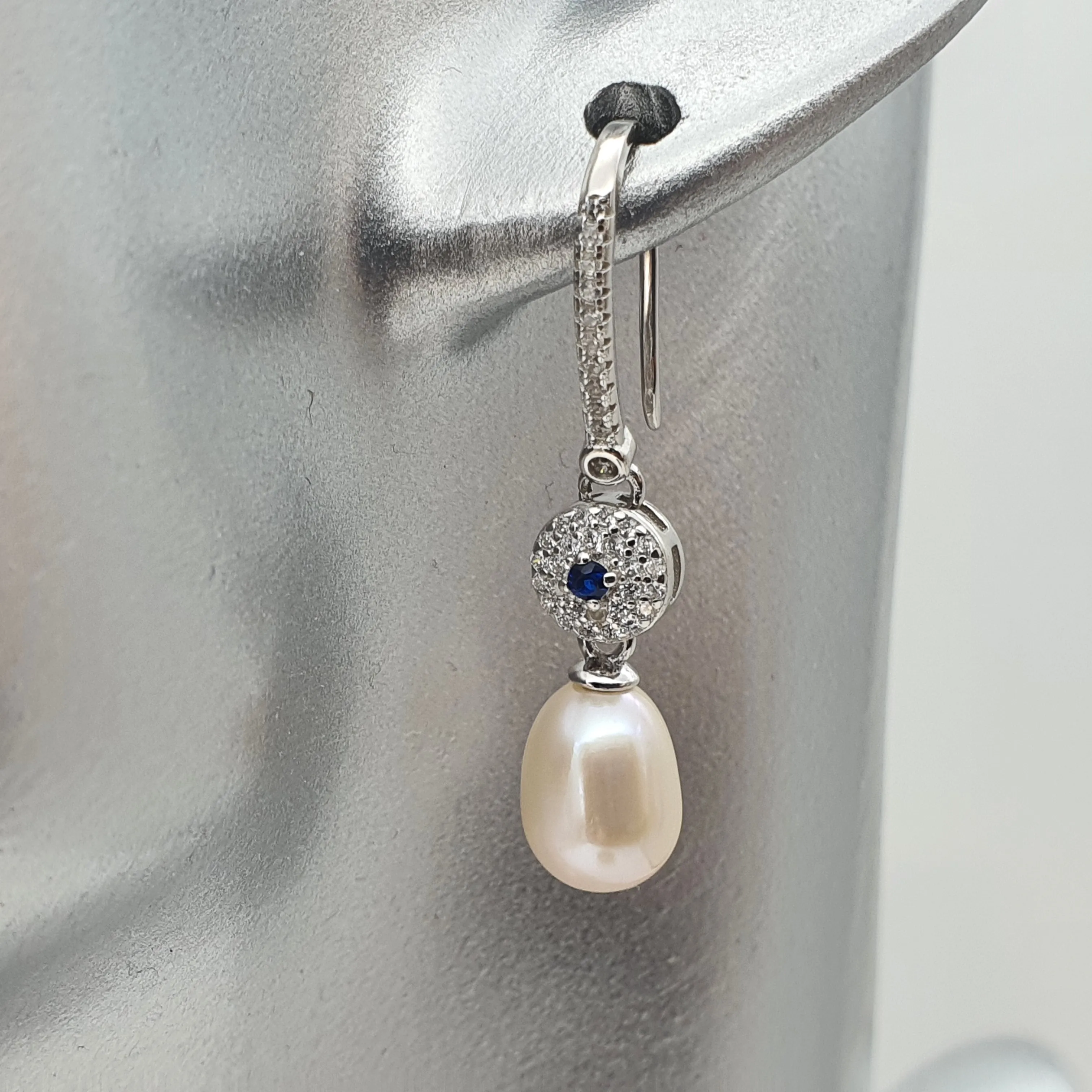 Blue Crystal & Freshwater Pearl Bridal Earrings, Sterling Silver