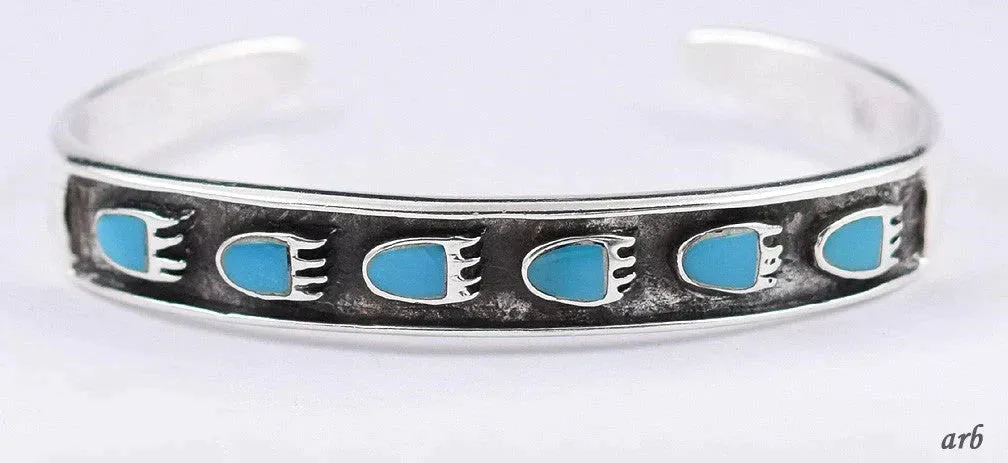 Chic Vintage Sterling Silver Cuff Bracelet Inlaid Turquoise Bear Claw Shapes