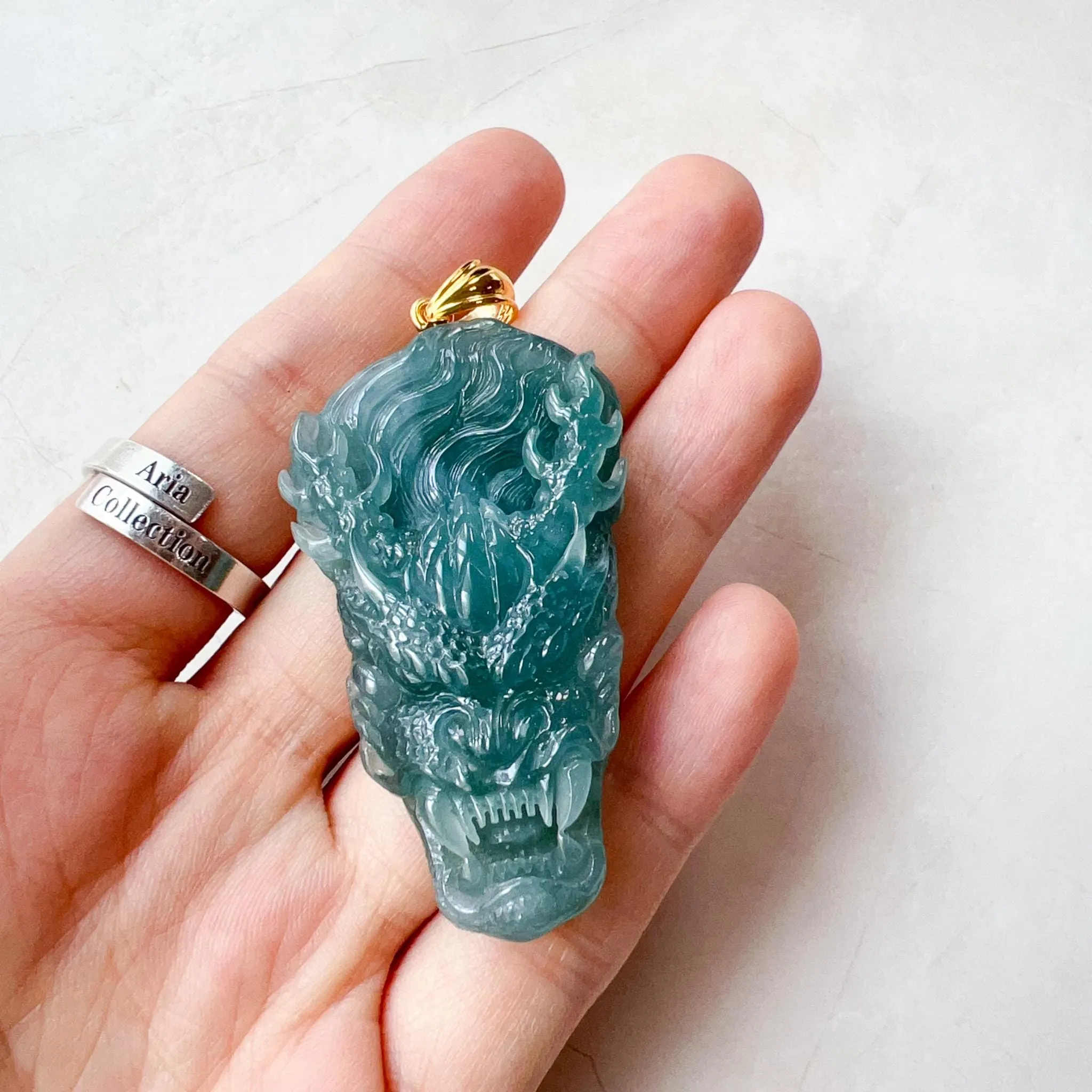 Green Dragon Head Jadeite Jade Hand Carved Pendant with 18K Solid Gold Bail, ZF-0124-1725076362