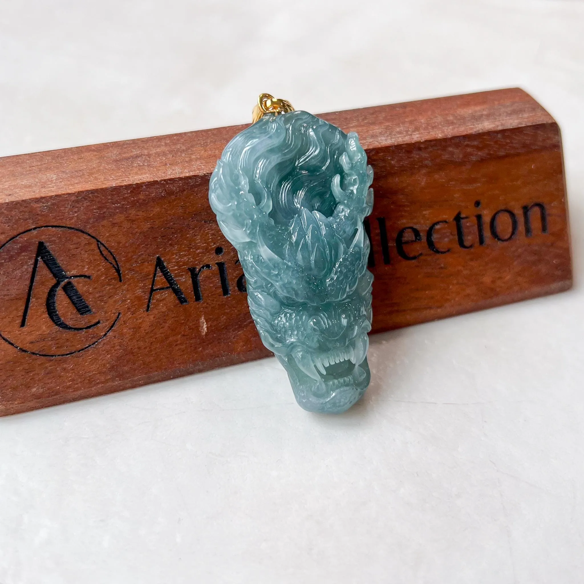 Green Dragon Head Jadeite Jade Hand Carved Pendant with 18K Solid Gold Bail, ZF-0124-1725076362