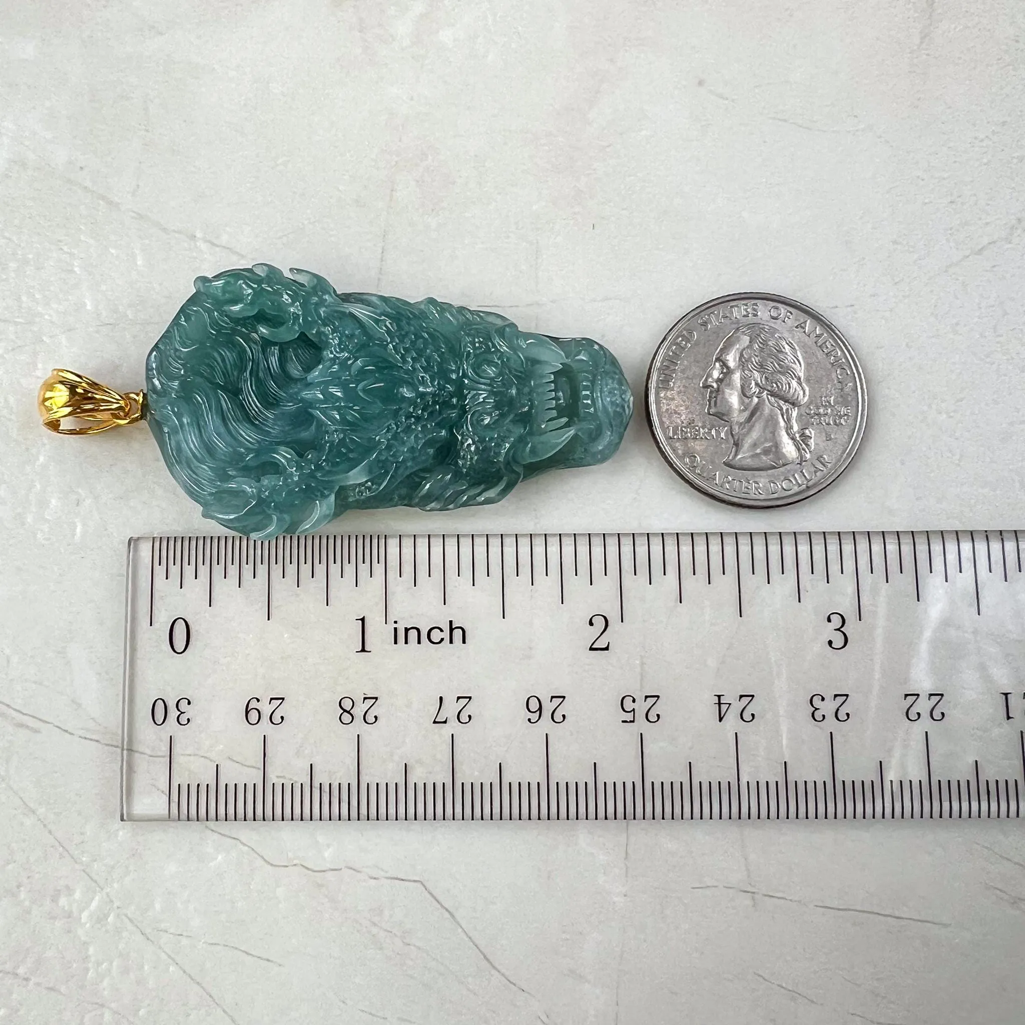 Green Dragon Head Jadeite Jade Hand Carved Pendant with 18K Solid Gold Bail, ZF-0124-1725076362