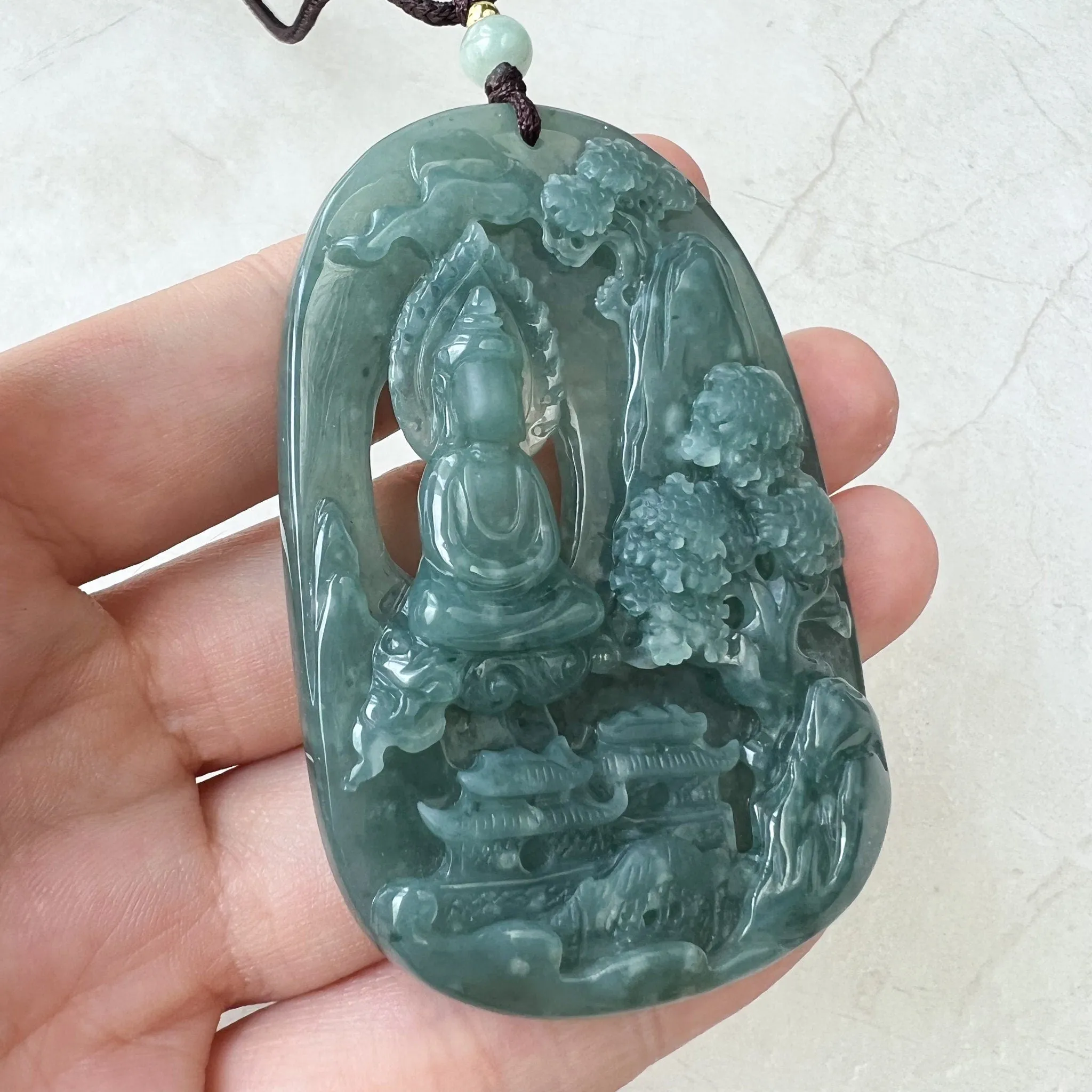 Green Faceless Guan Yin Meditating, Jadeite Jade Avalokiteshvara Hand Carved Pendant Necklace, Quan Am, ZYF-0322-1651918879