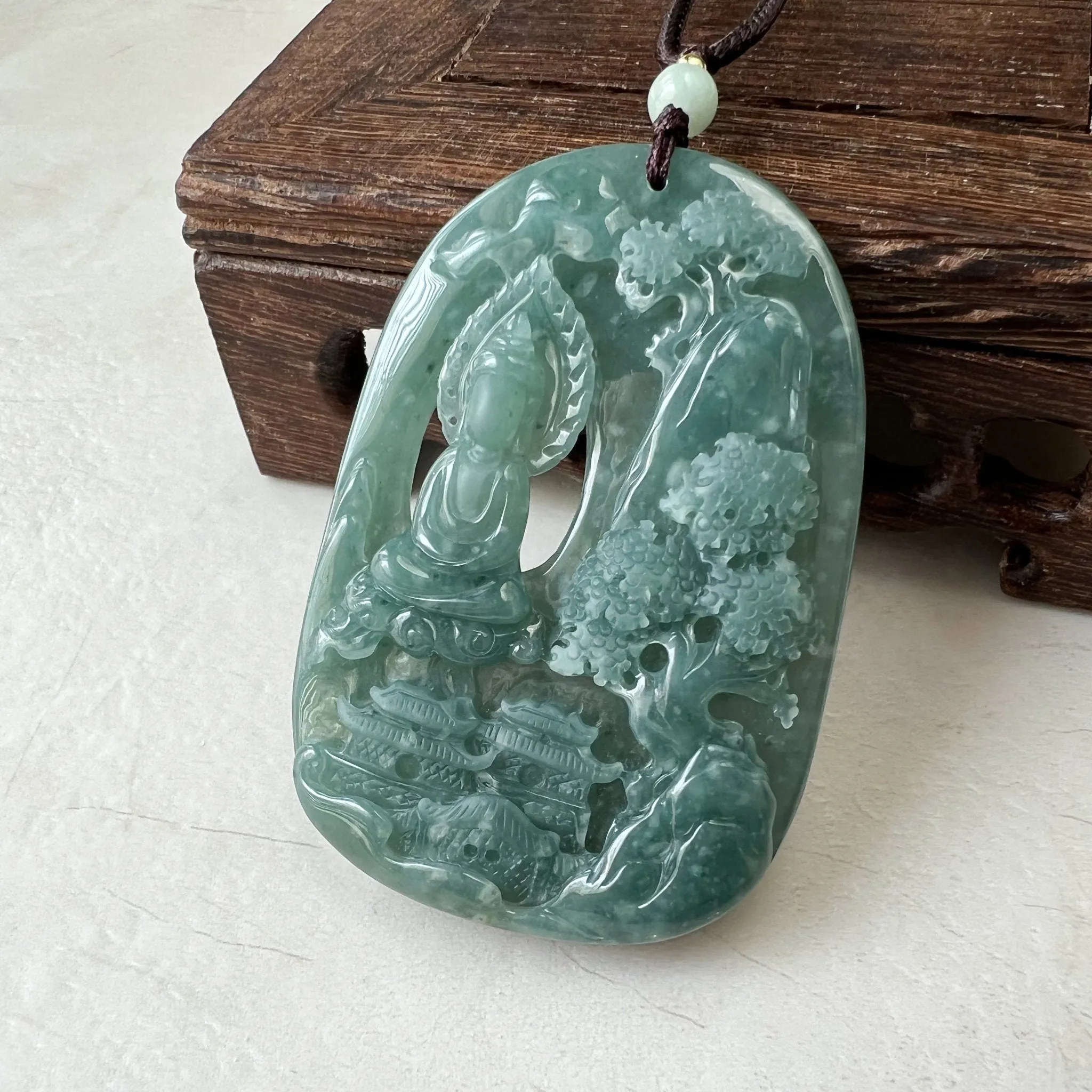 Green Faceless Guan Yin Meditating, Jadeite Jade Avalokiteshvara Hand Carved Pendant Necklace, Quan Am, ZYF-0322-1651918879
