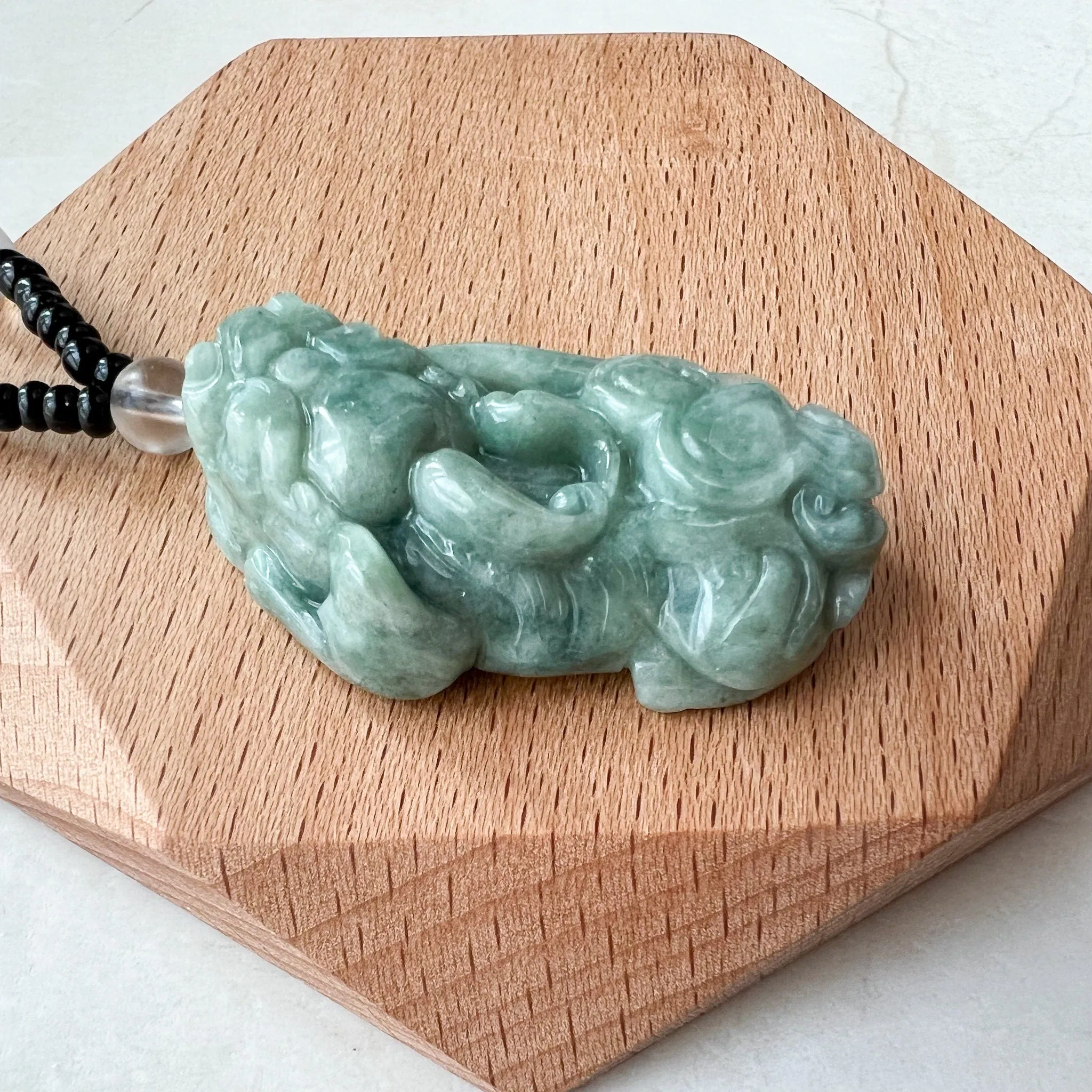 Green Jadeite Jade, Dragon Pixiu Pi Xiu, 貔貅, Left Side Pendant, Dragon Chinese Carved Pendant, YJ-0622-0362012-2