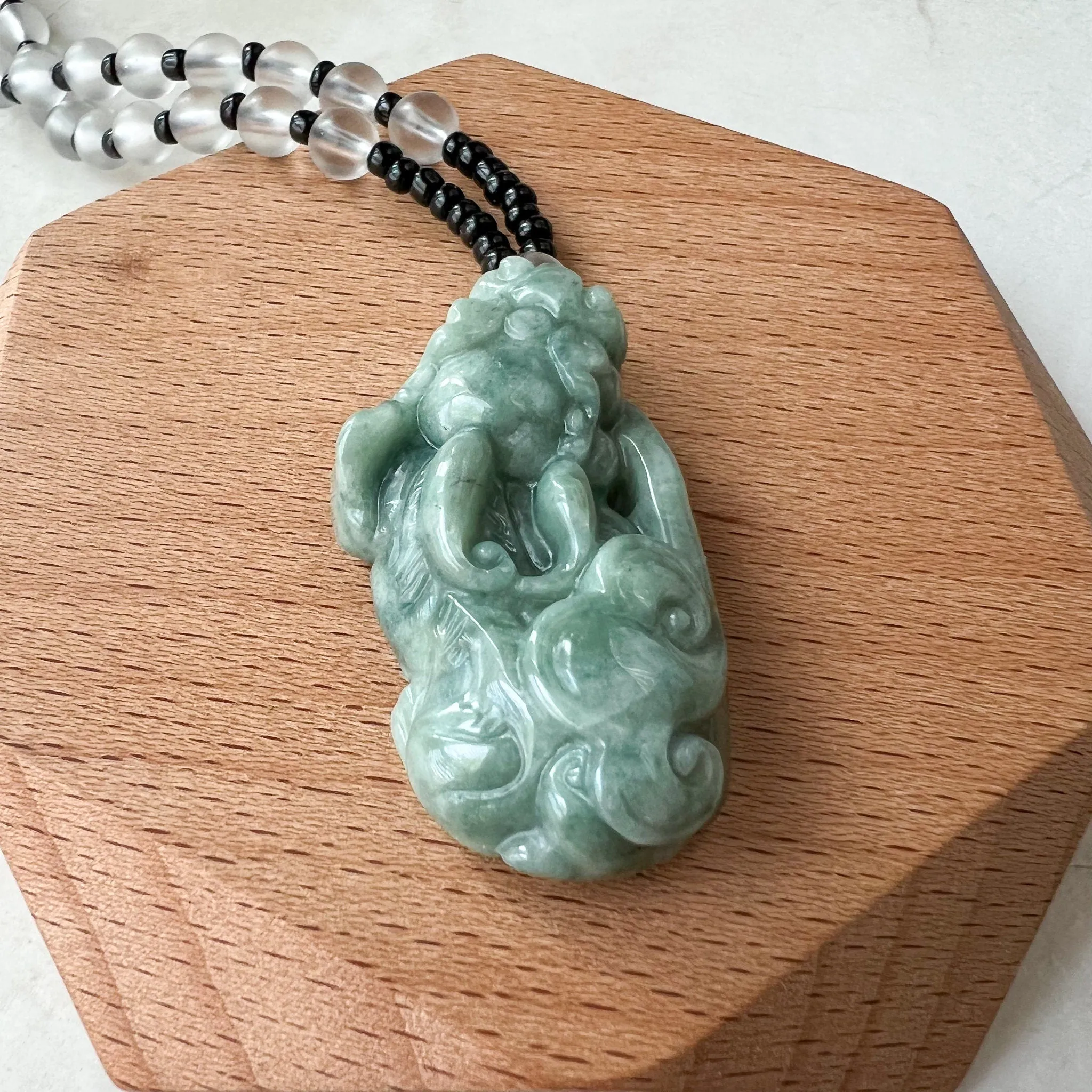Green Jadeite Jade, Dragon Pixiu Pi Xiu, 貔貅, Left Side Pendant, Dragon Chinese Carved Pendant, YJ-0622-0362012-2